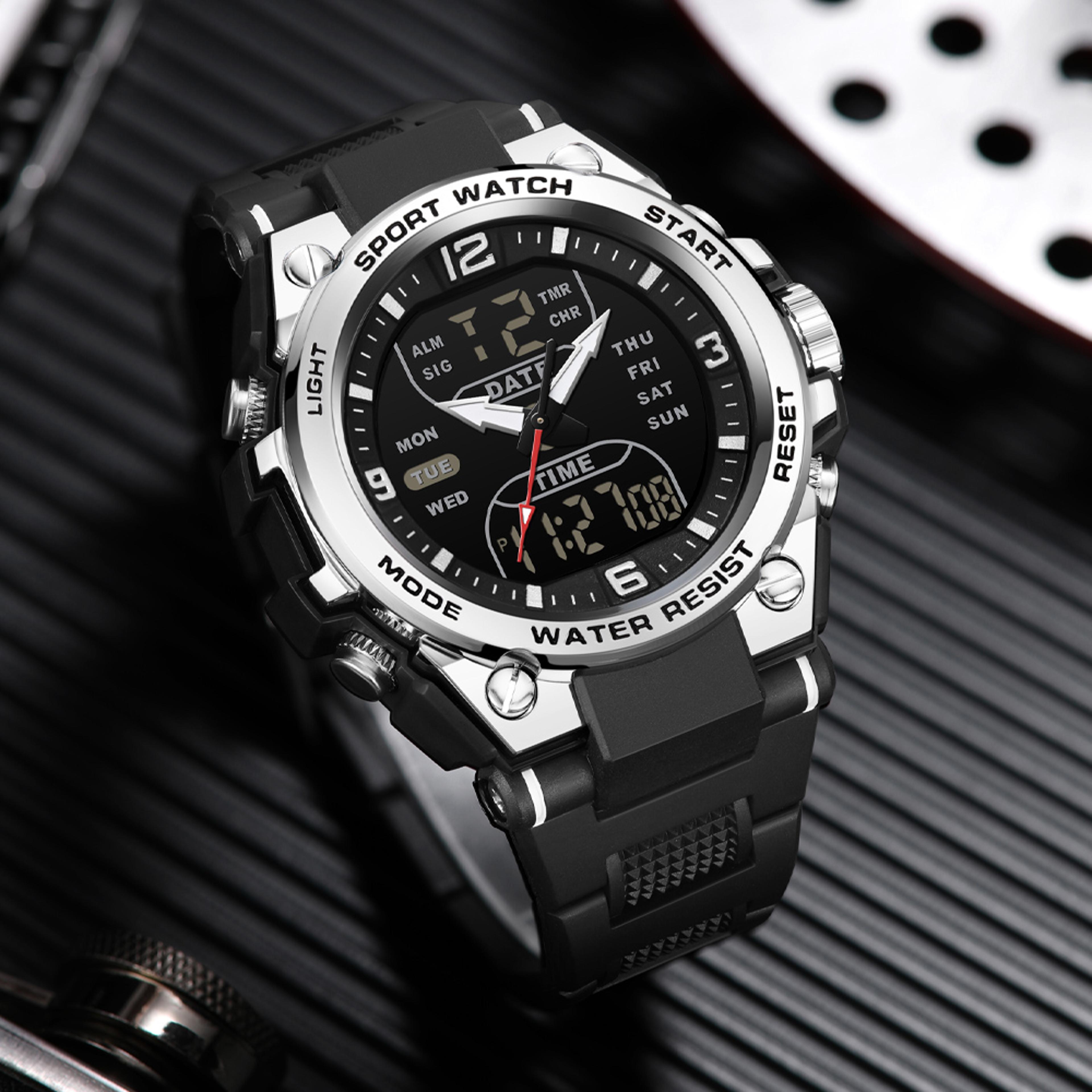men digital quartz chronograph watch waterproof luminous double display sports wristwatch