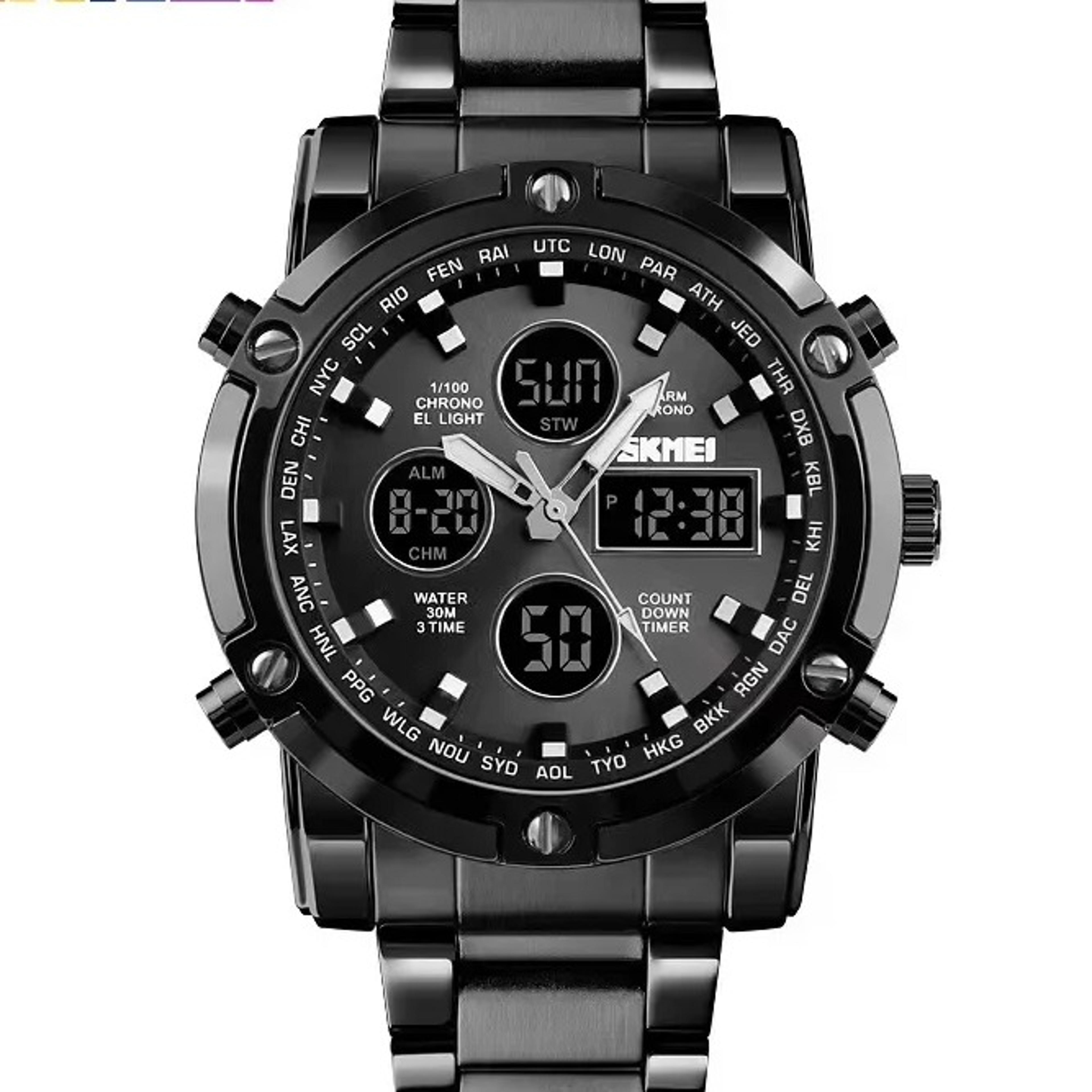 triple time stainless steel digital quartz watch for men with countdown timer