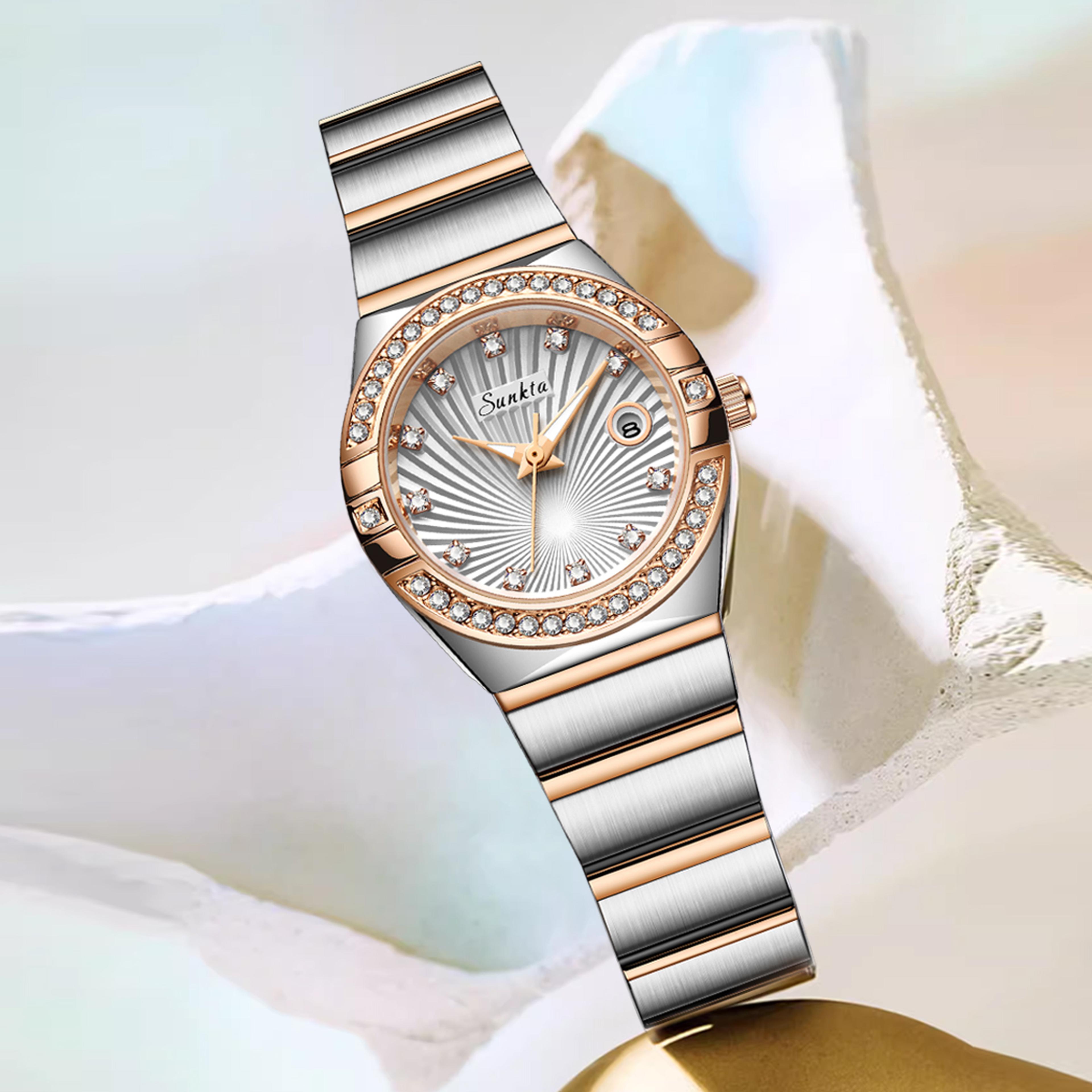 elegant luxury diamond stainless steel women watch with calendar quartz movement