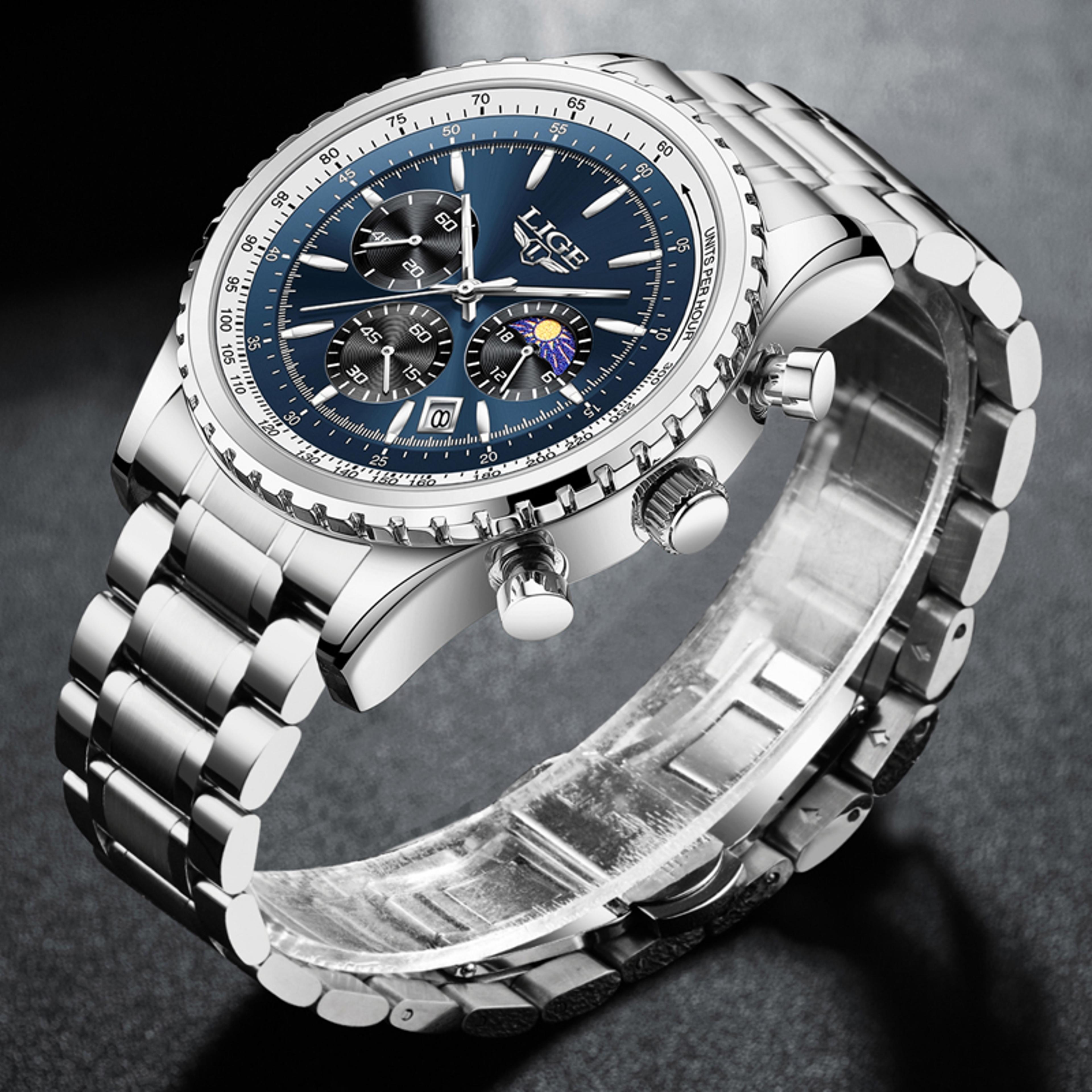 luxury moon phase quartz watch for men stainless steel waterproof casual sports wristwatch