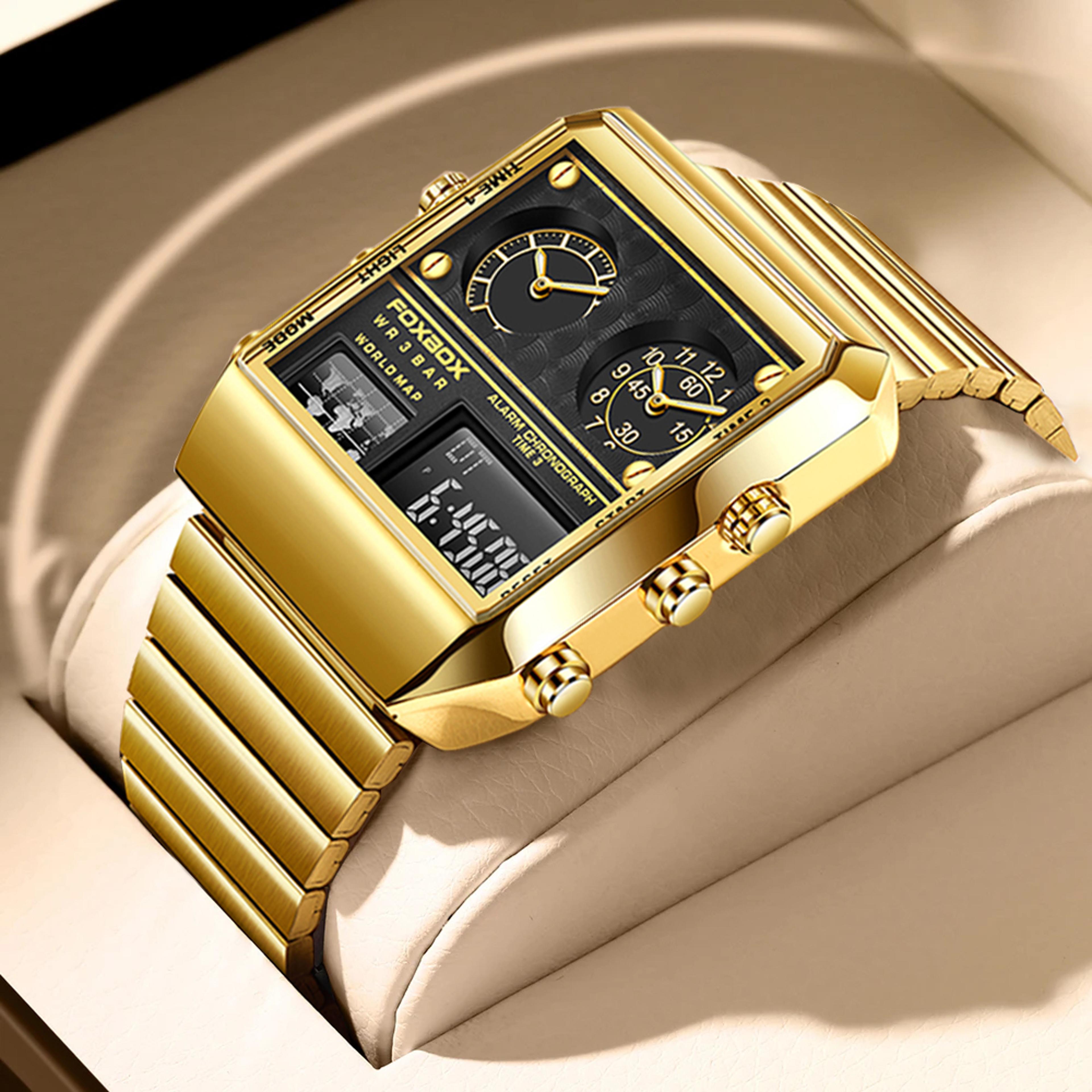 luxury gold stainless steel square digital analog men watch sport quartz wristwatch