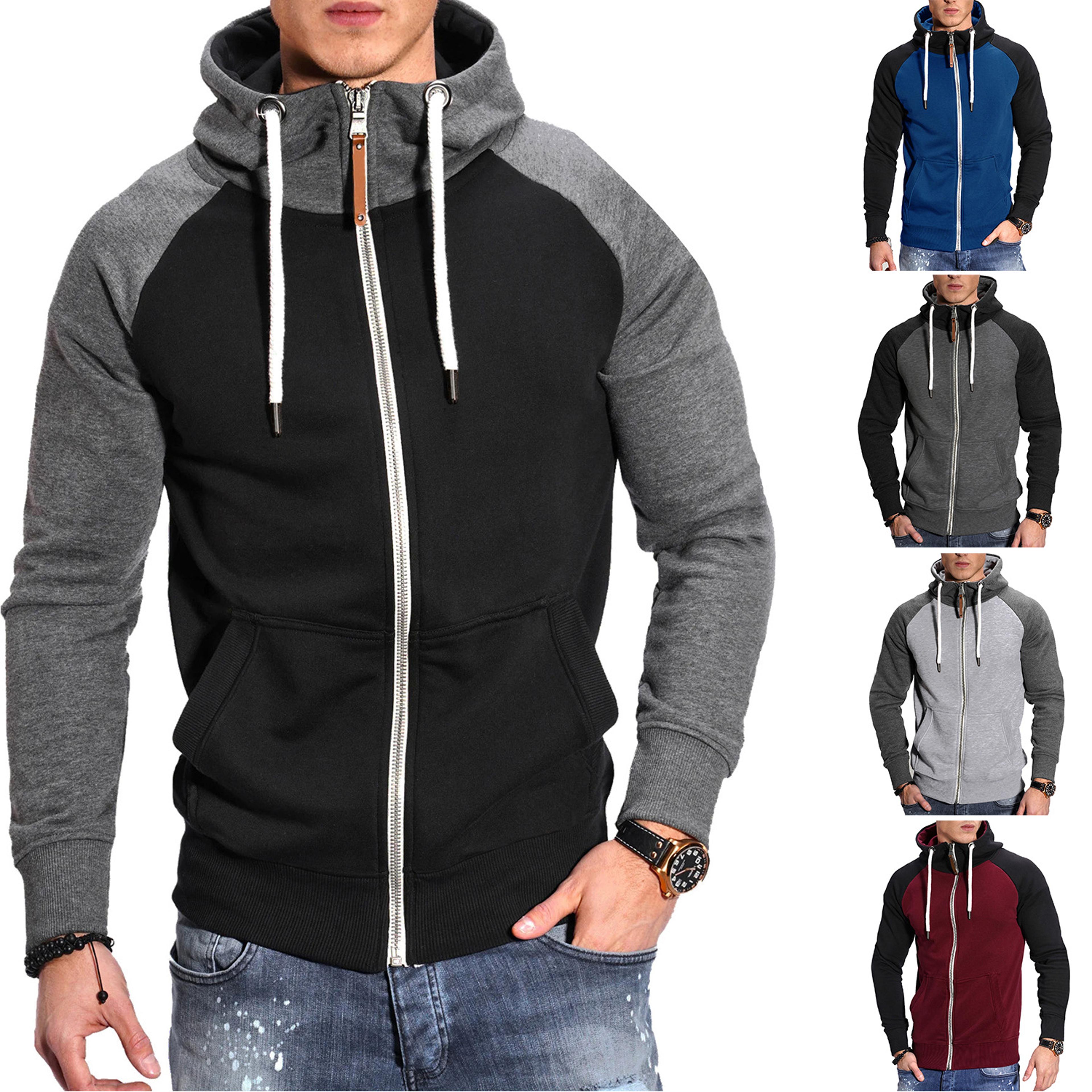 mens high neck zip hoodie long sleeve casual sweatshirt jacket