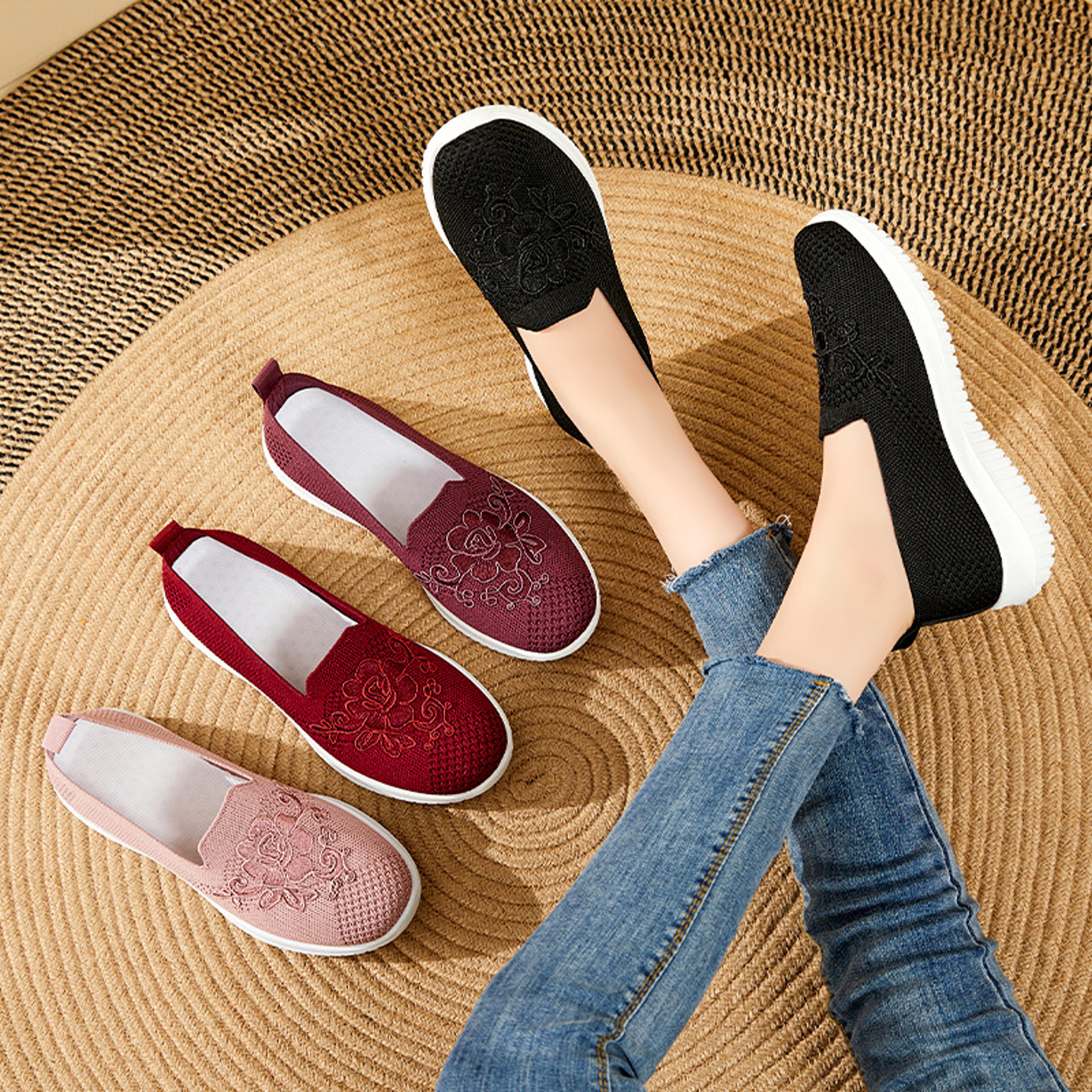 summer embroidered women flat shoes breathable knitted floral casual flats