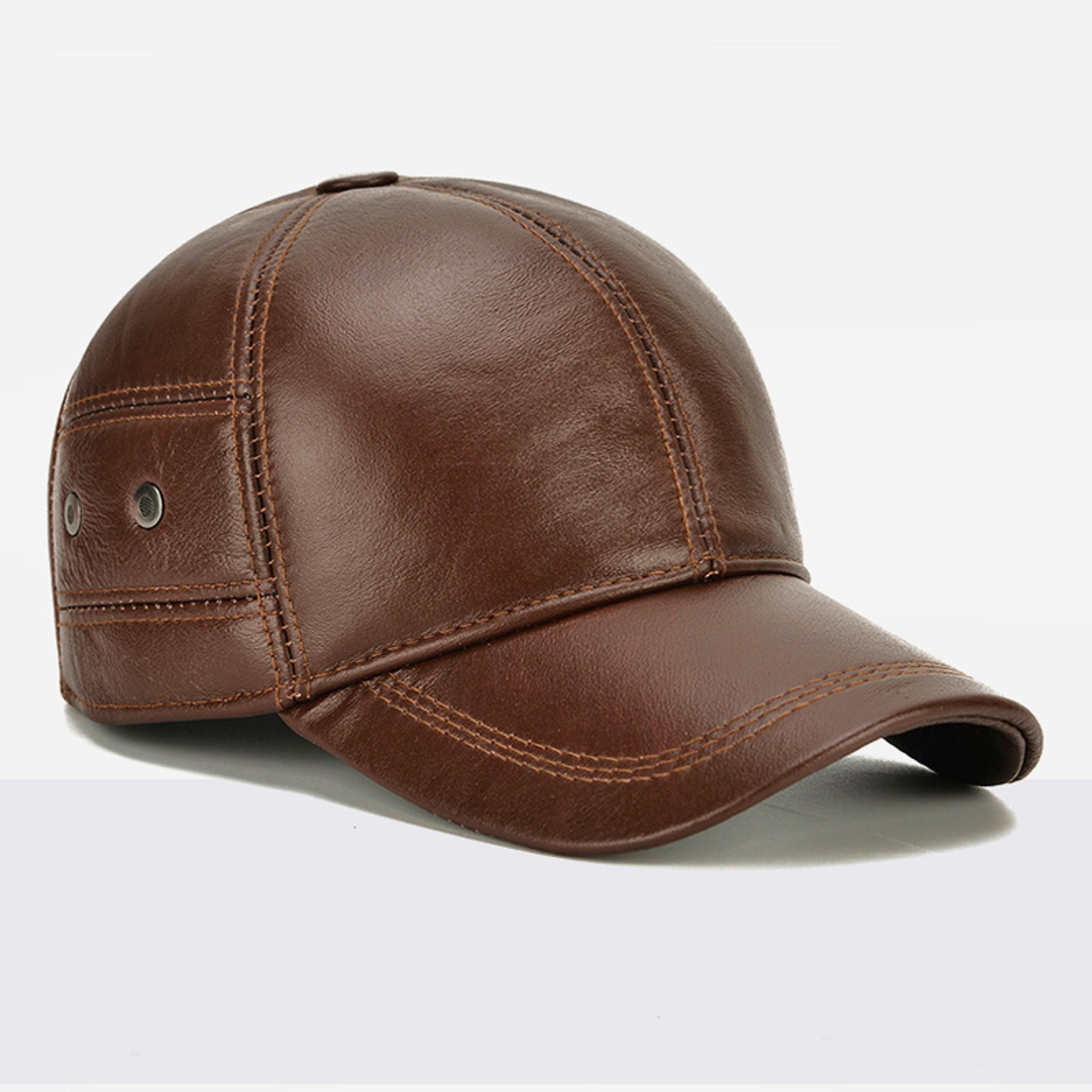 mens genuine cowhide leather baseball cap winter warm ear protection outdoor hat