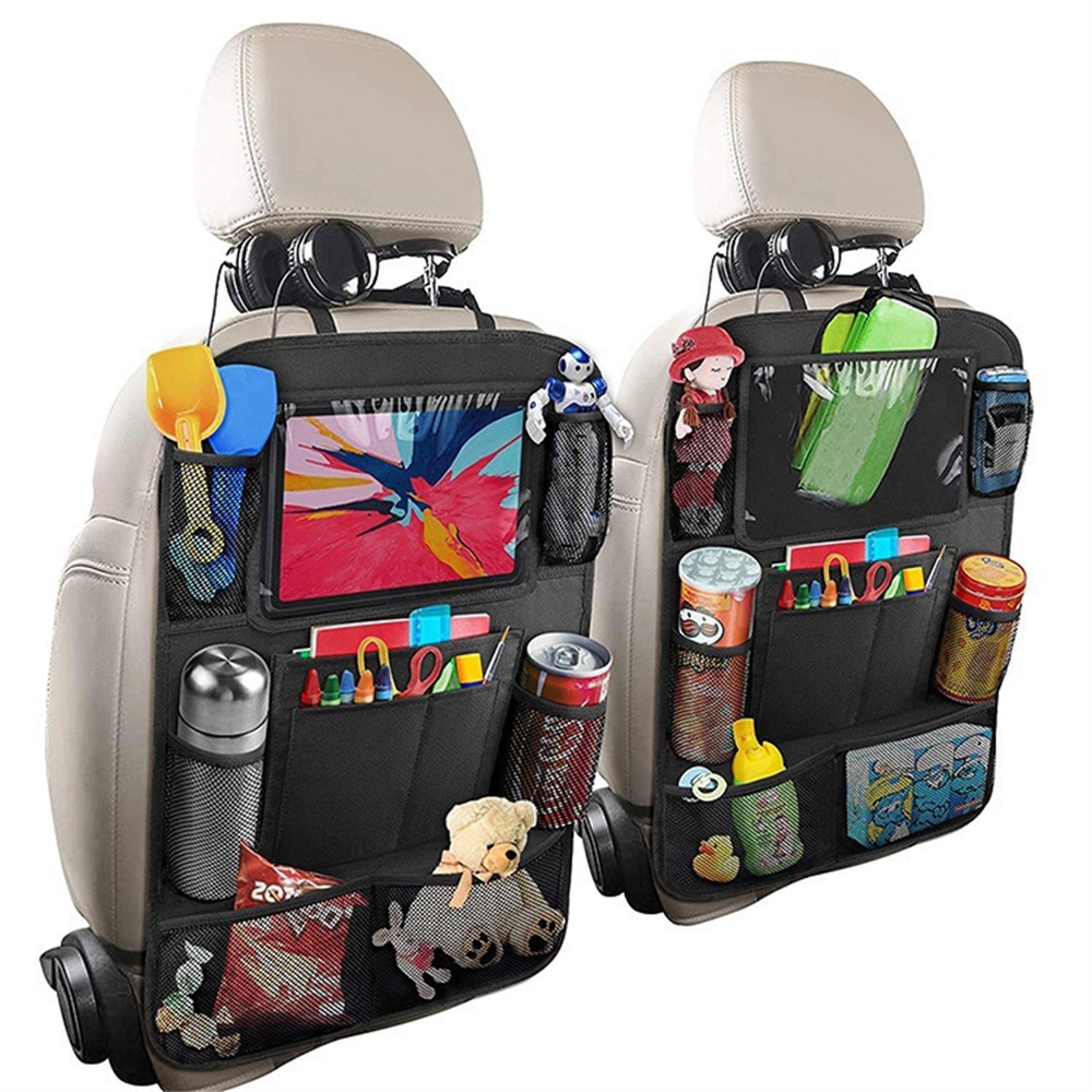 car backseat organizer with touch screen tablet holder and multi pocket seat protector