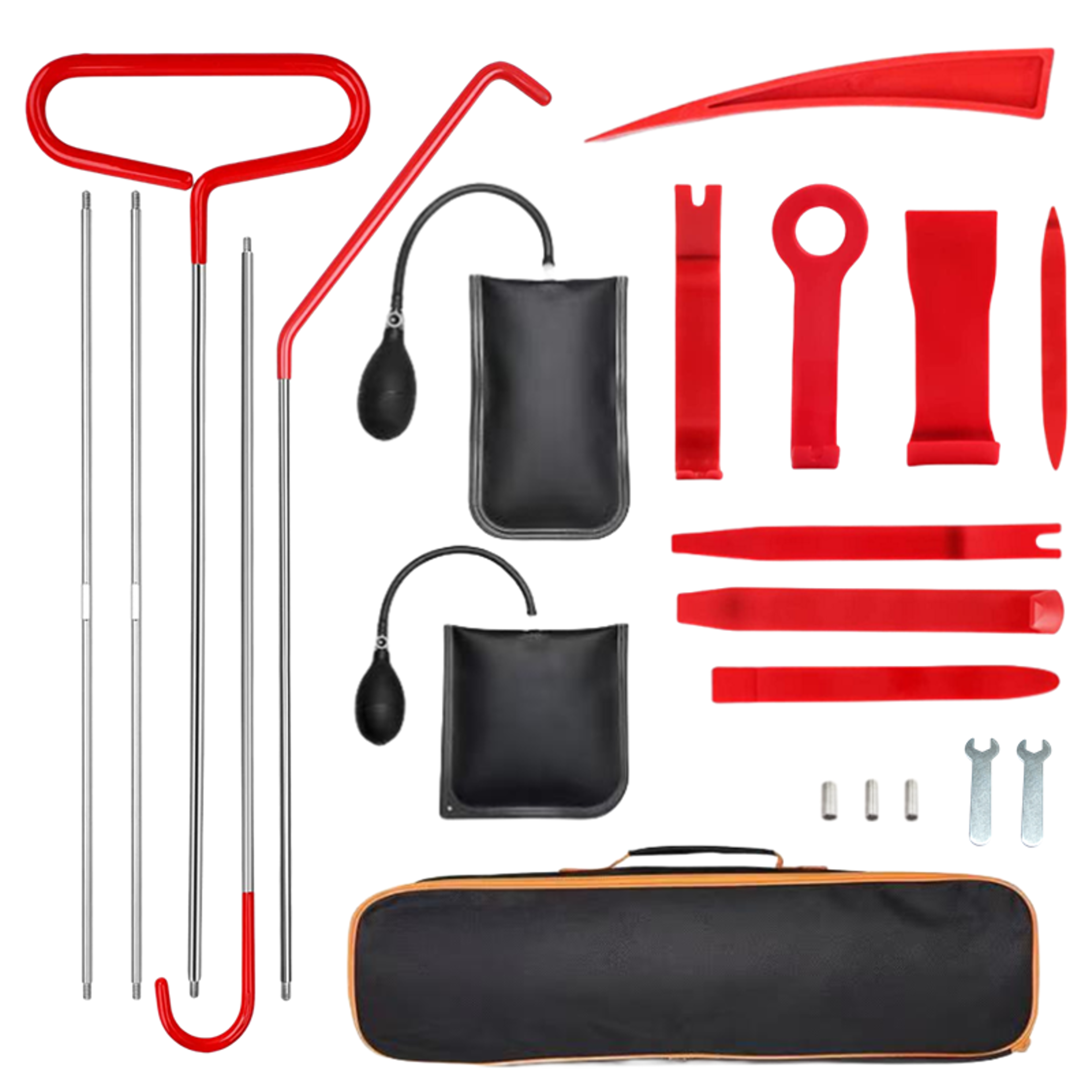car door tool kit with air wedge pump long reach grabber and trim removal tools