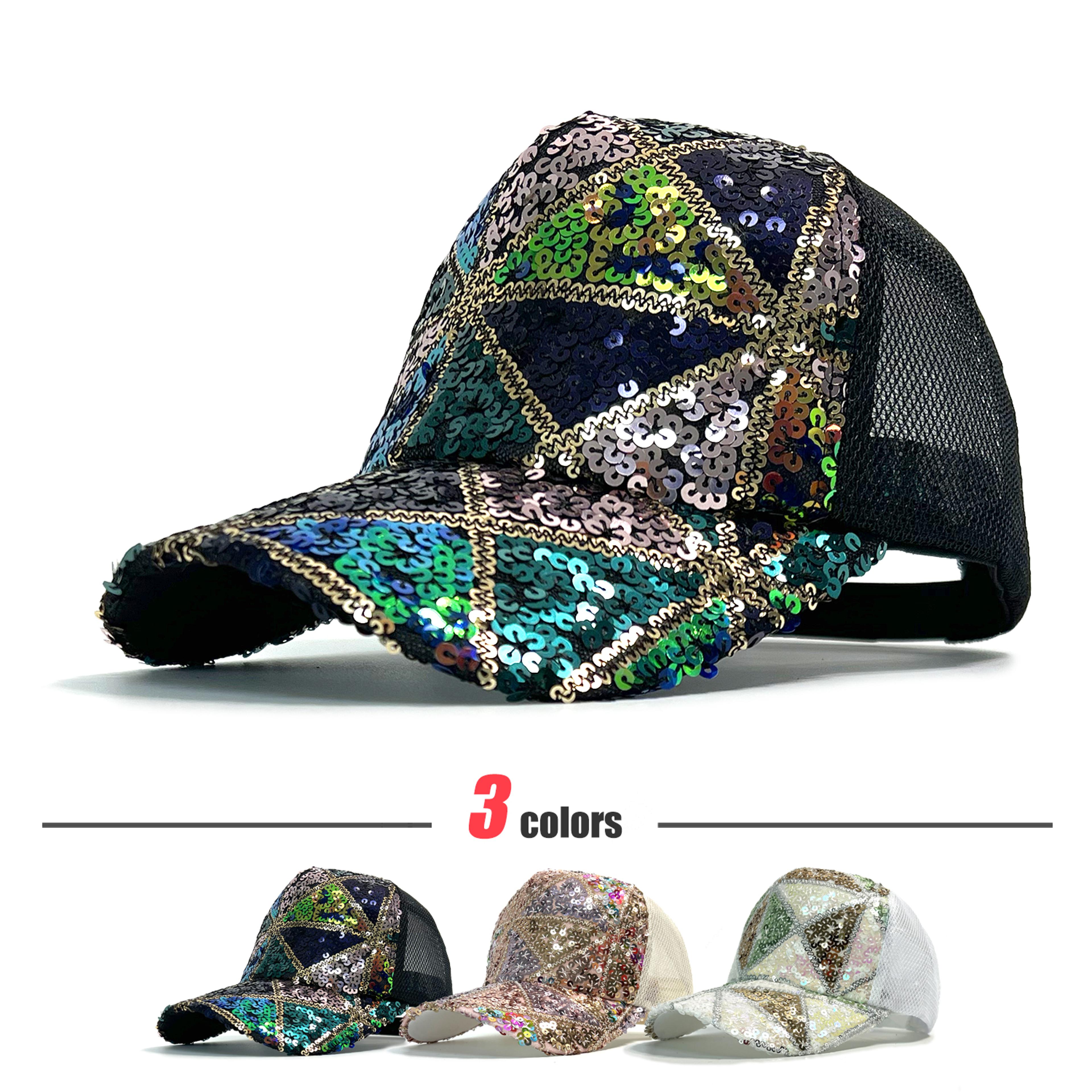 shiny sequin mesh baseball cap adjustable summer sun hat