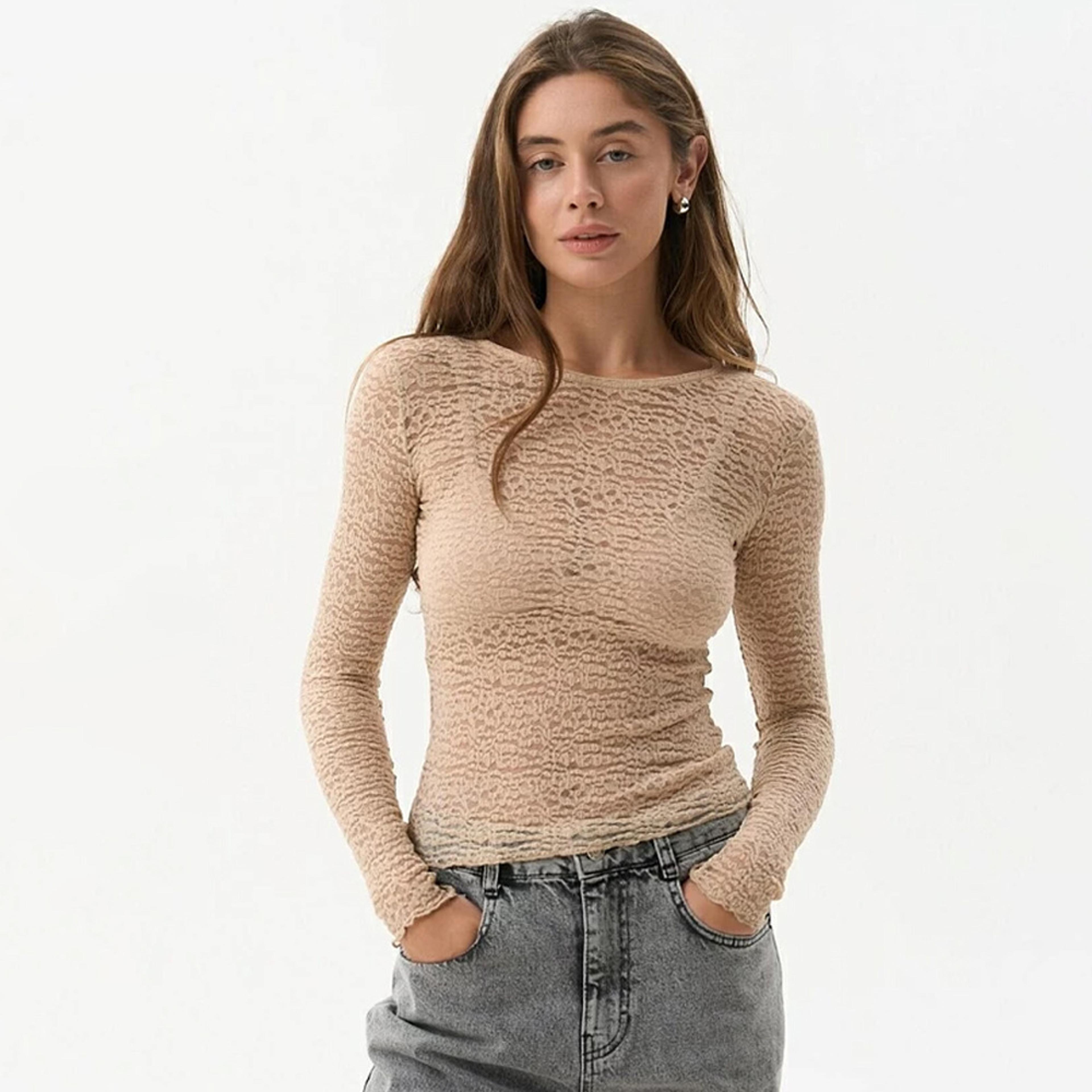 sheer lace long sleeve top slim fit round neck layering shirt for women