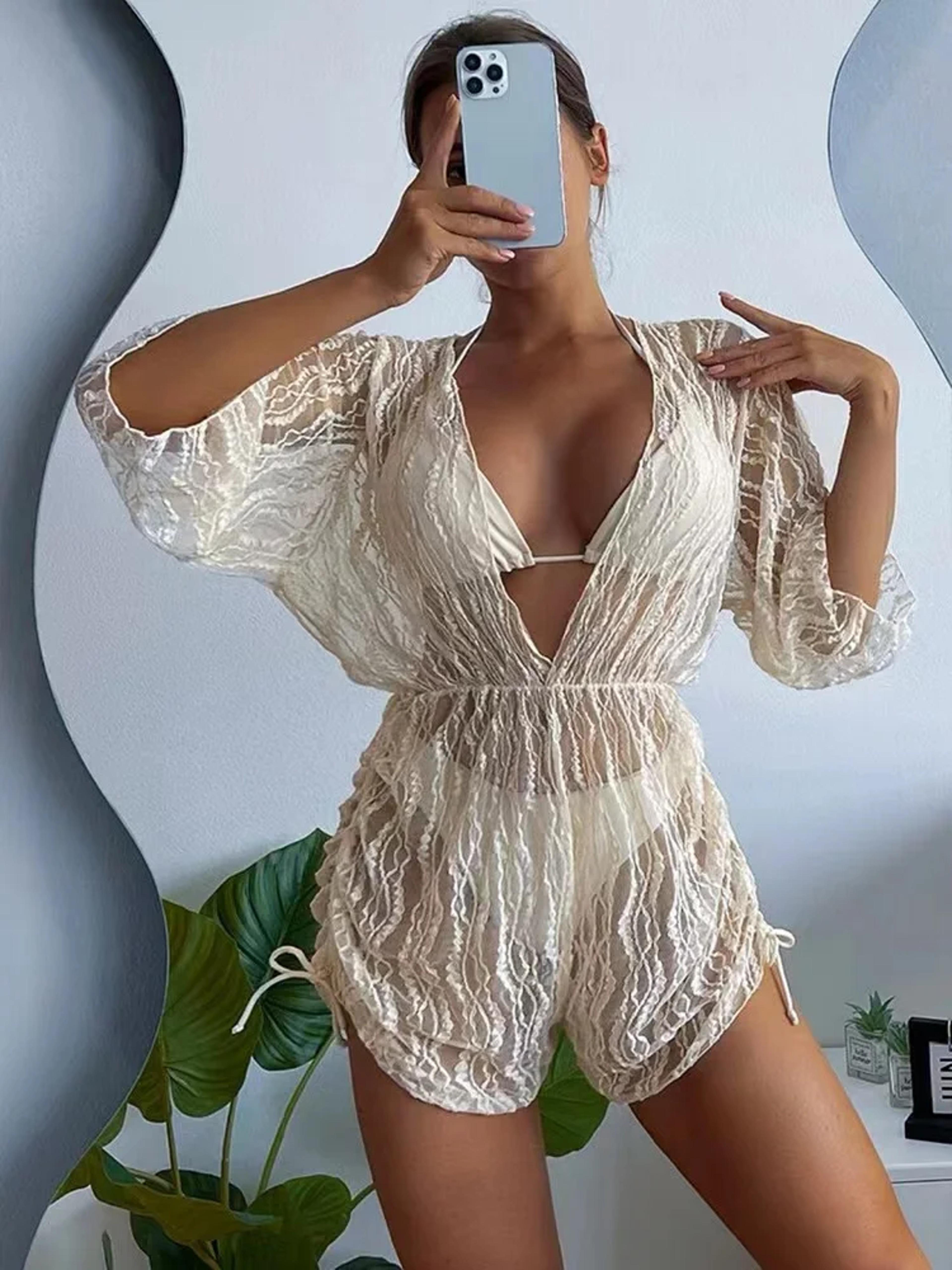 lace hollow bikini set with pleated beach cover up brazilian swimwear