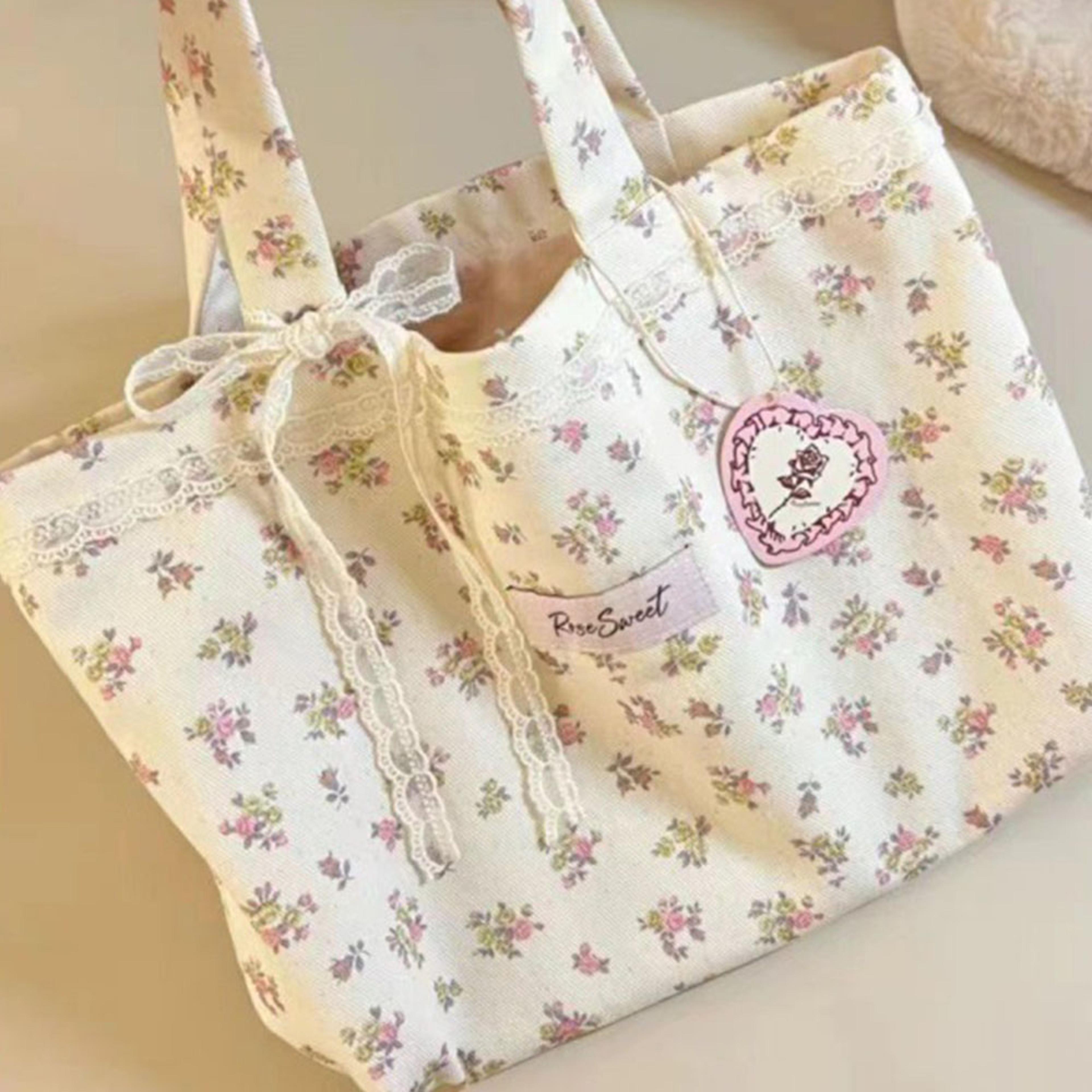 large capacity floral canvas tote bag with lace bow for everyday carry