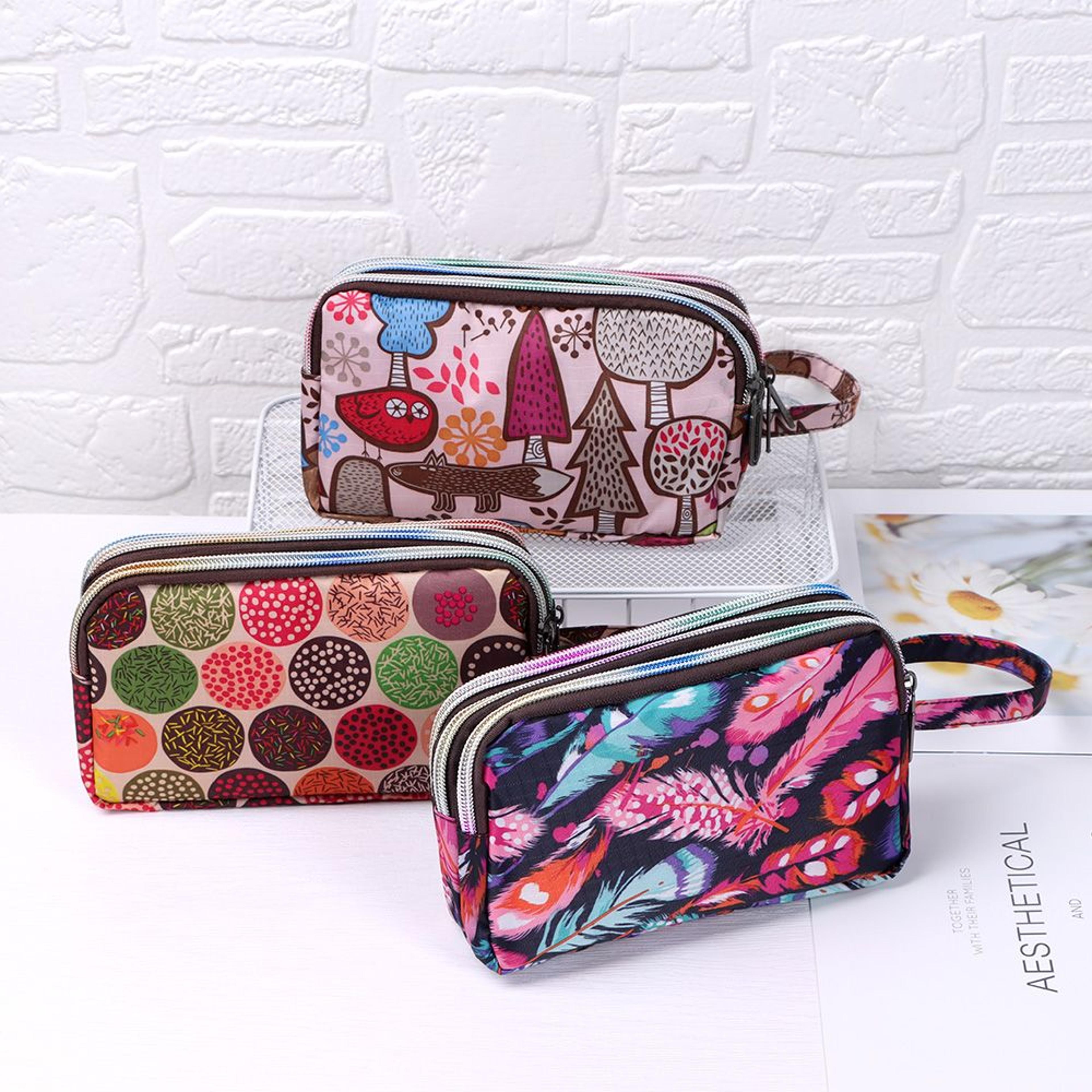 printed canvas wristlet wallet for women large capacity three layer coin purse