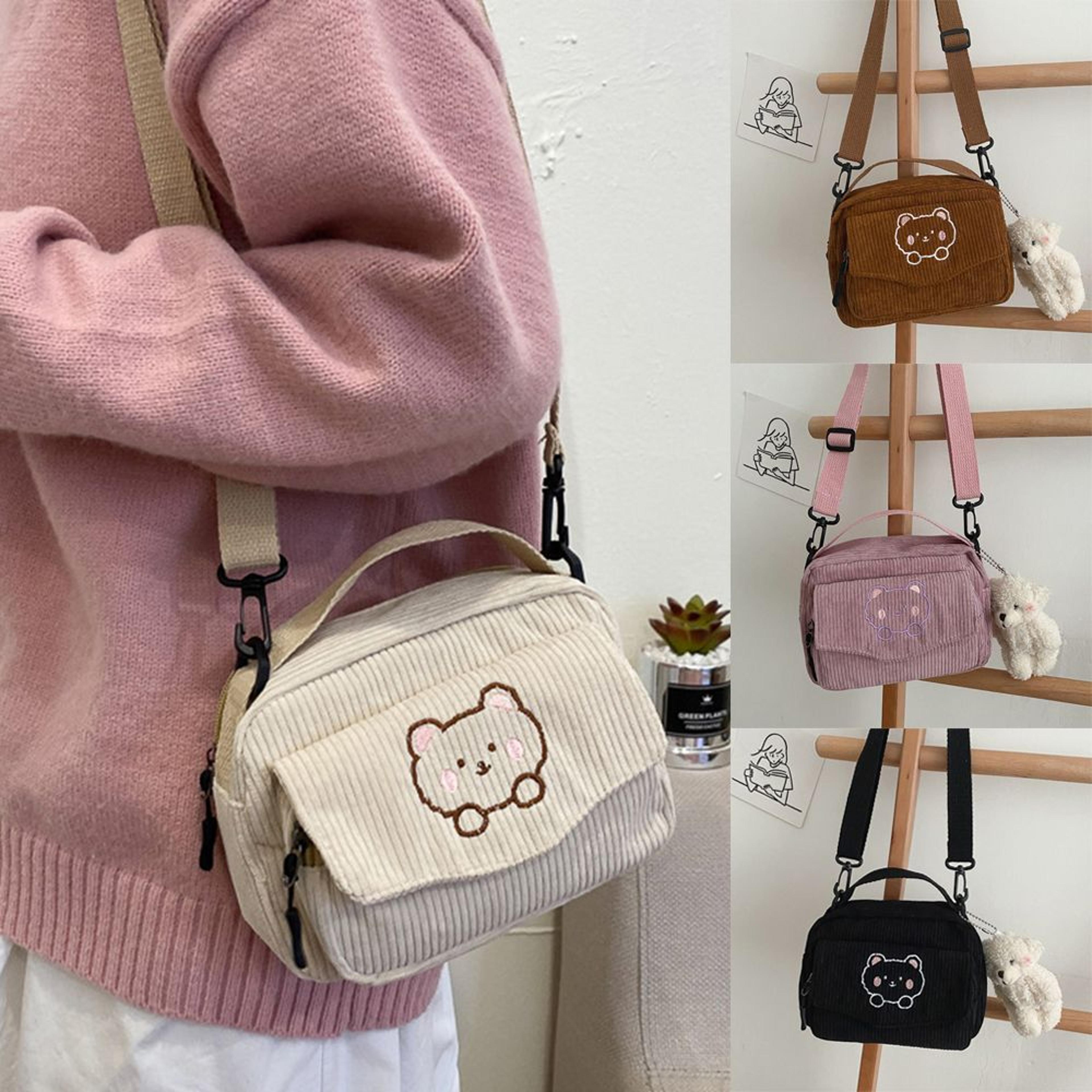 cute bear embroidered corduroy crossbody bag for women with adjustable shoulder strap