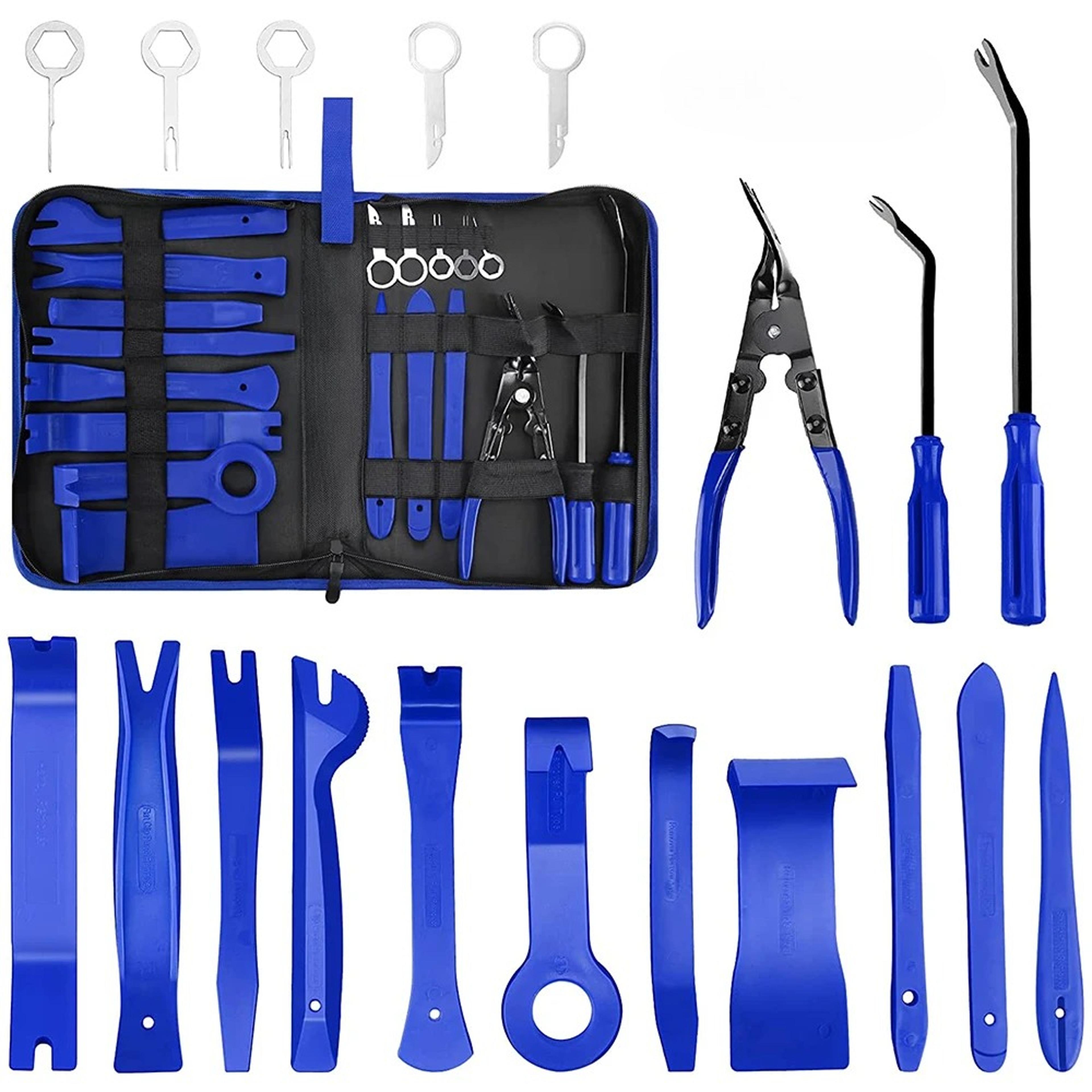 car trim removal tool set with clip pliers fastener remover and pry tools