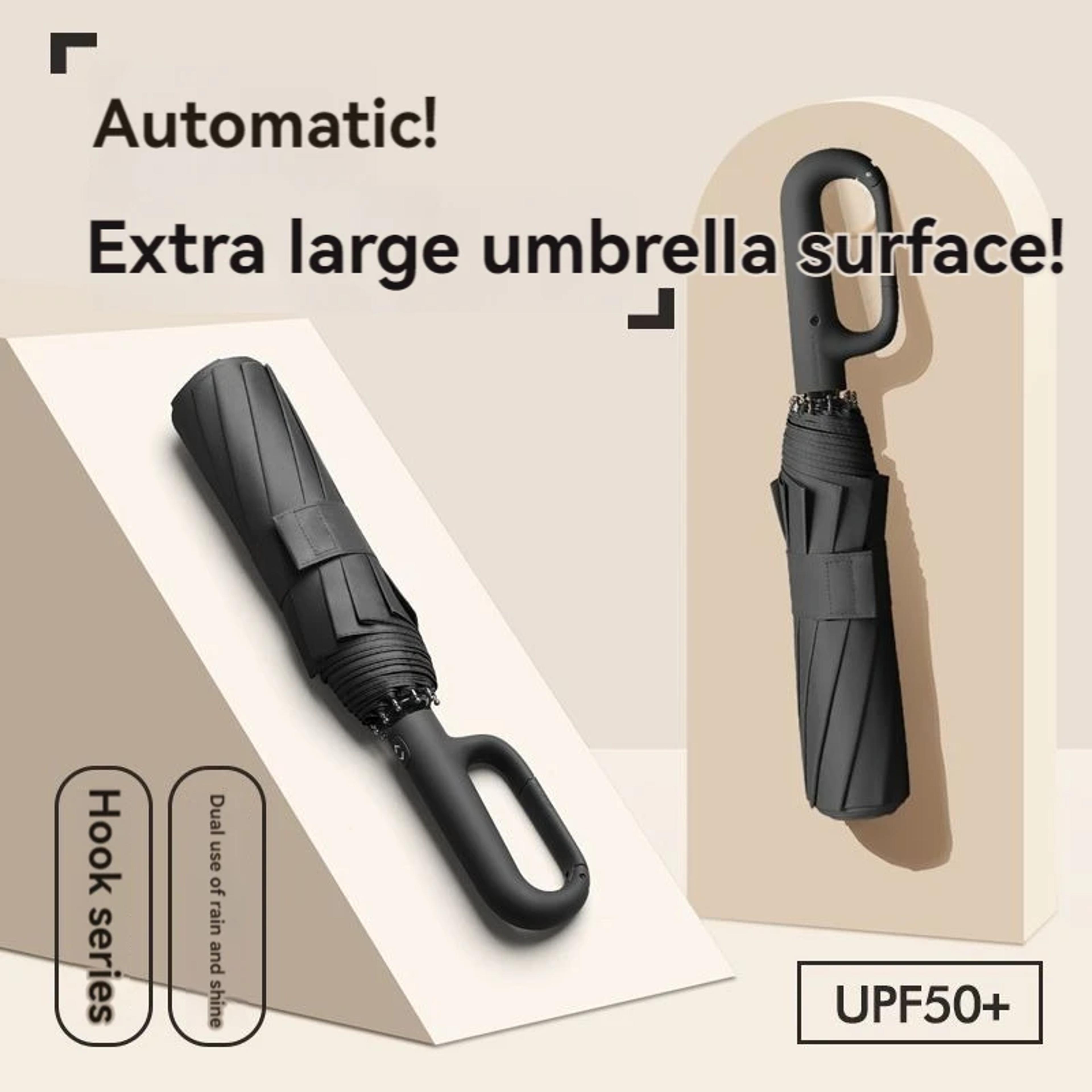 large automatic folding umbrella with ring handle for rain and sun protection