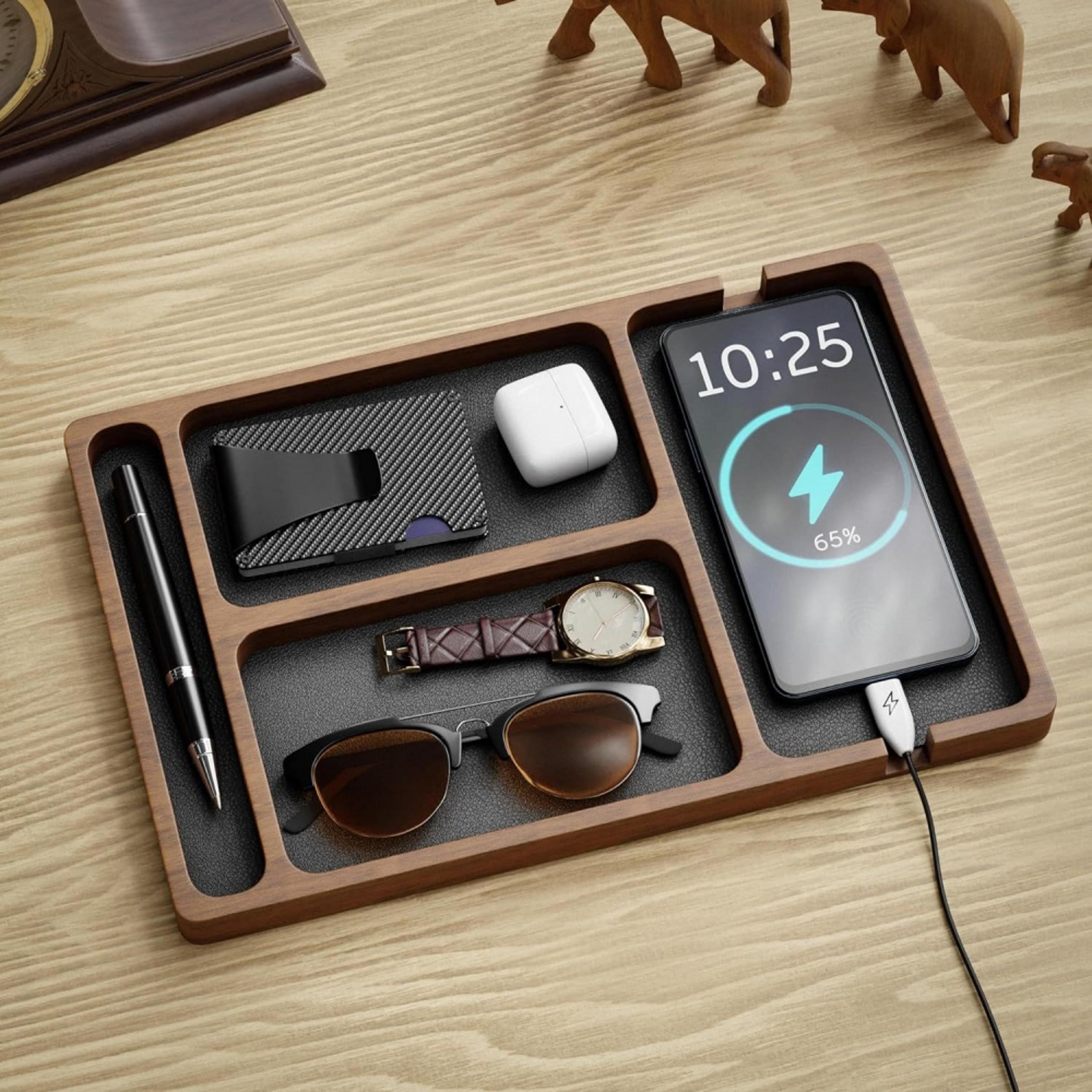wooden desk organizer solid wood desktop storage tray for phone glasses and accessories