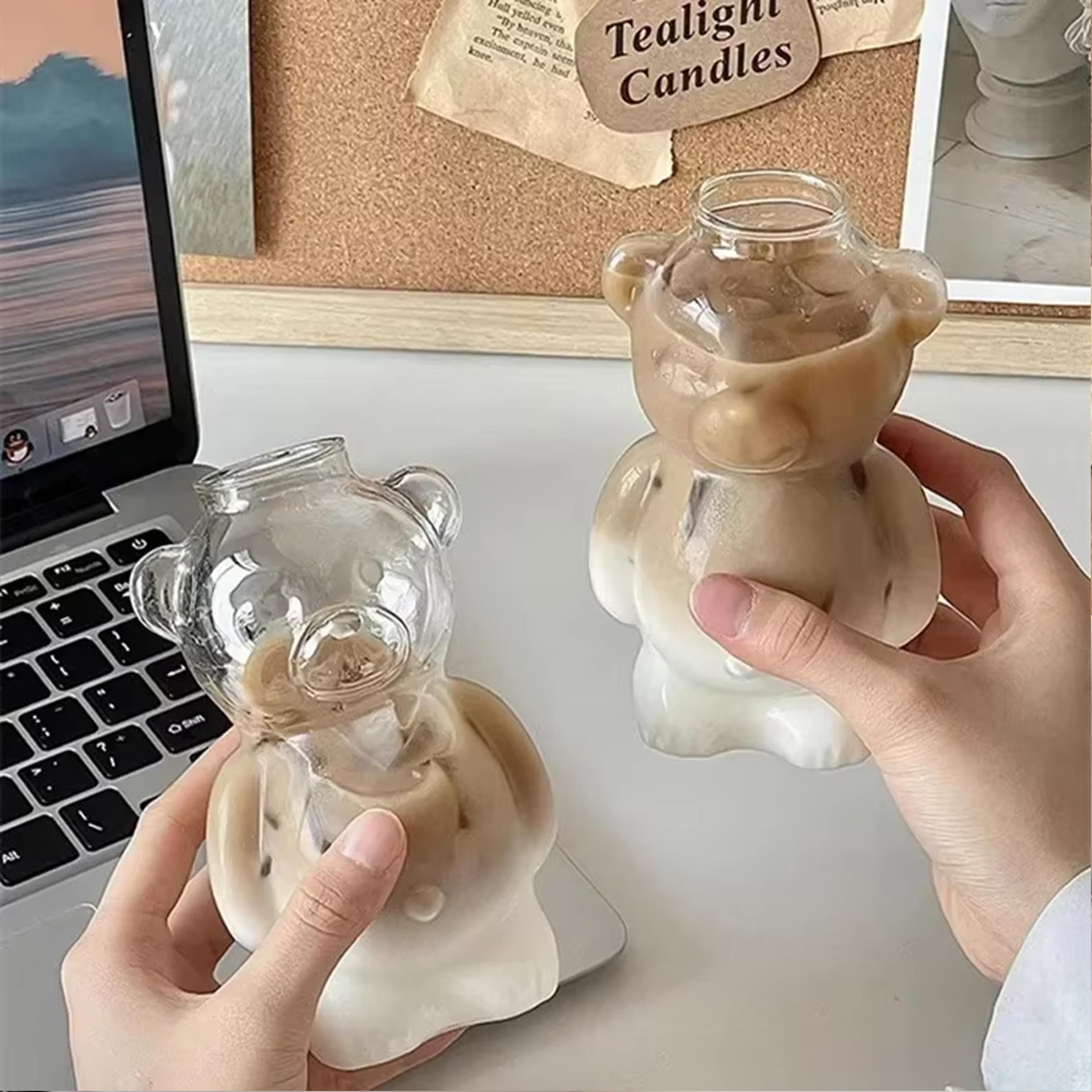 cute bear glass cup with straw transparent bear shaped coffee mug