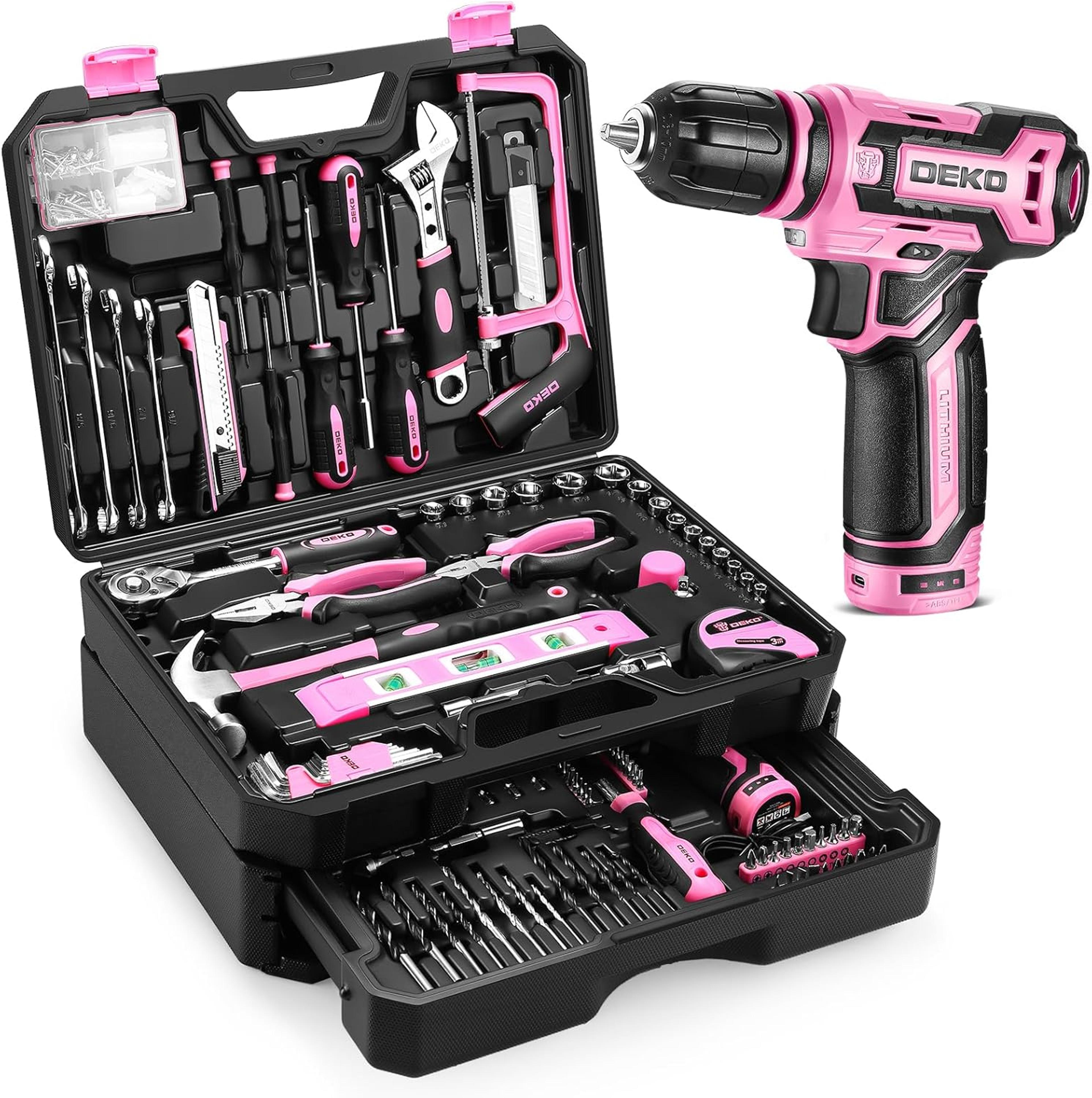 home tool kit with cordless drill hand tools and portable organizer storage case