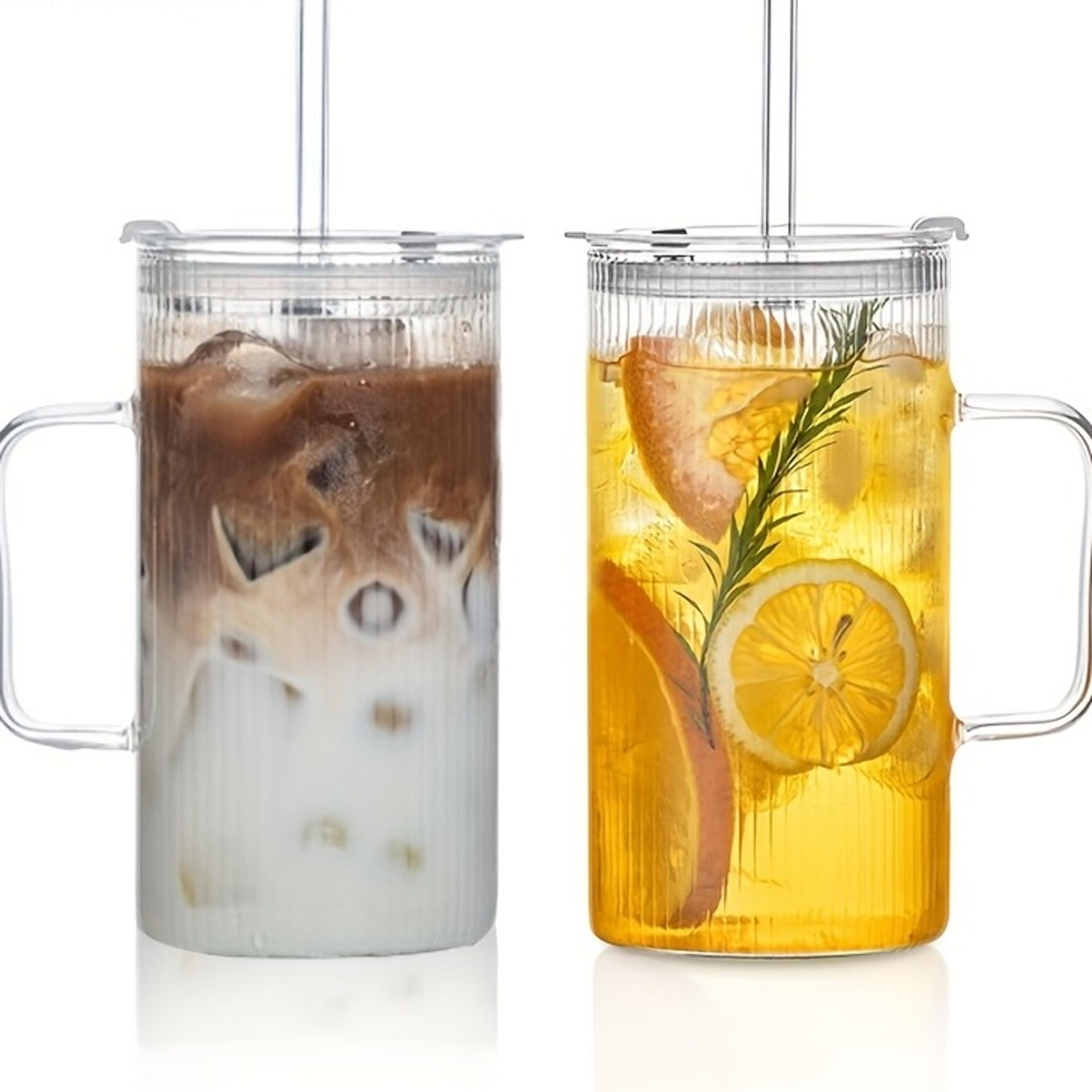 large ribbed glass tumbler with handle lid and reusable straw