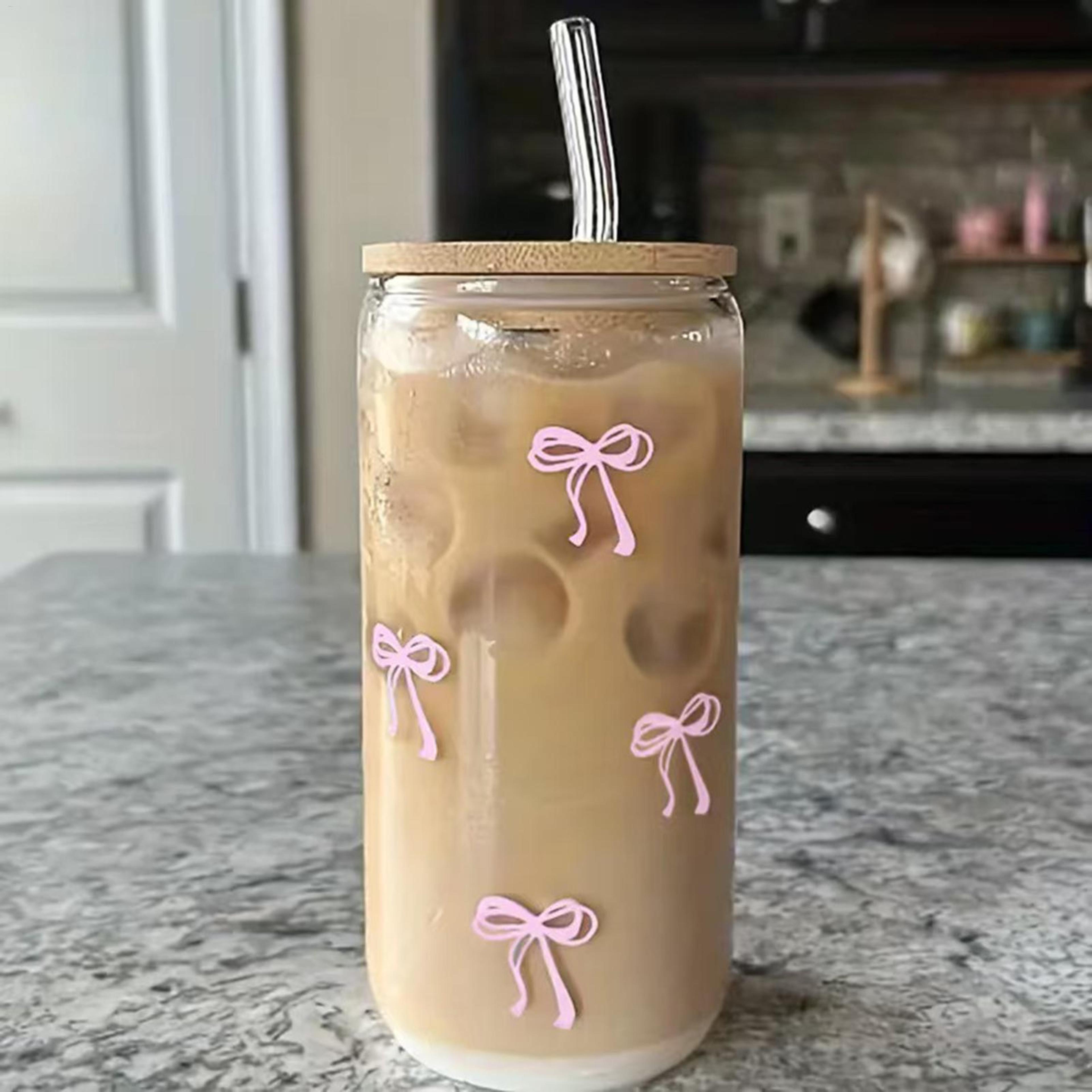 bow shape glass tumbler with lid and straw cute aesthetic iced coffee cup