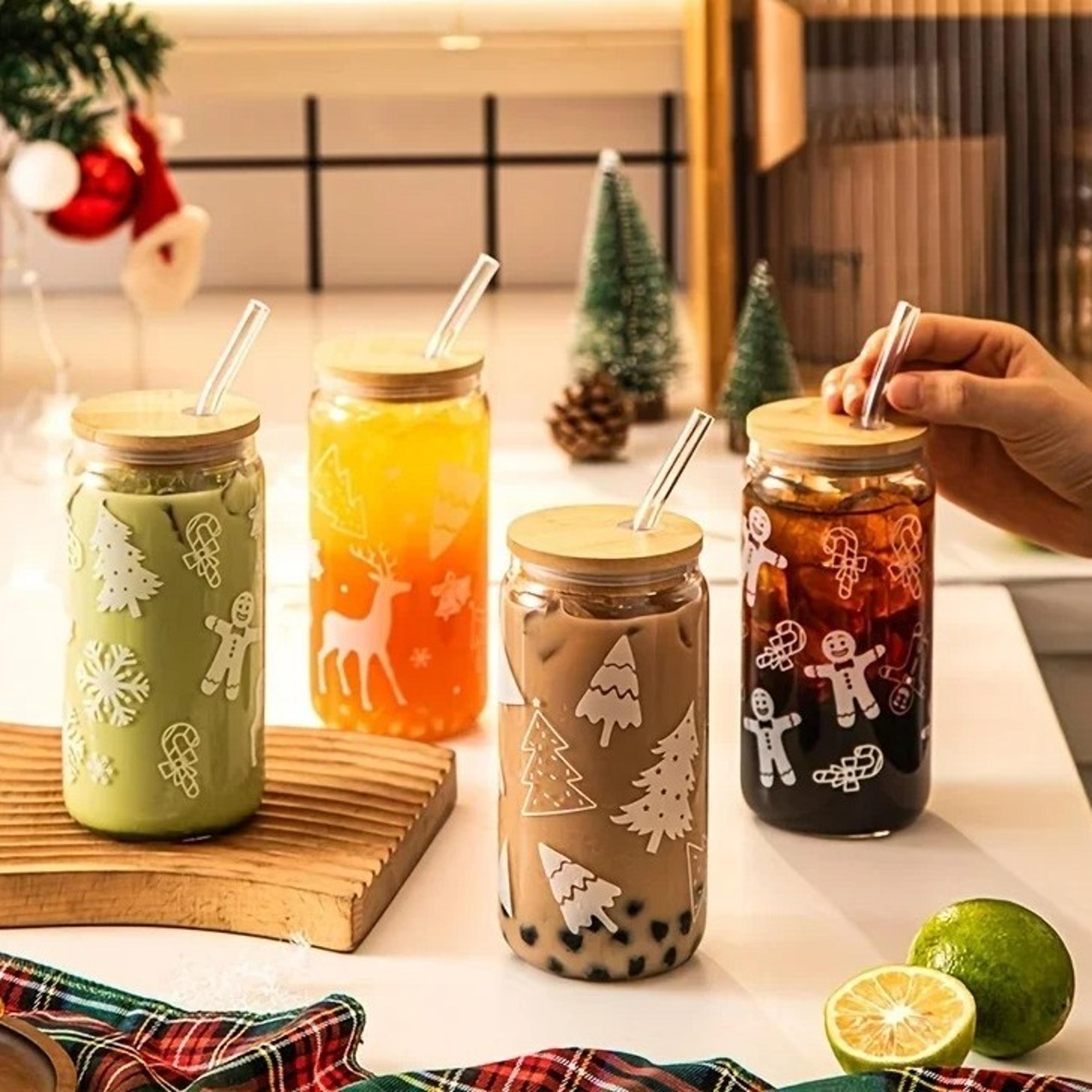 christmas glass tumbler with lid and straw festive tree elk holiday drink cup