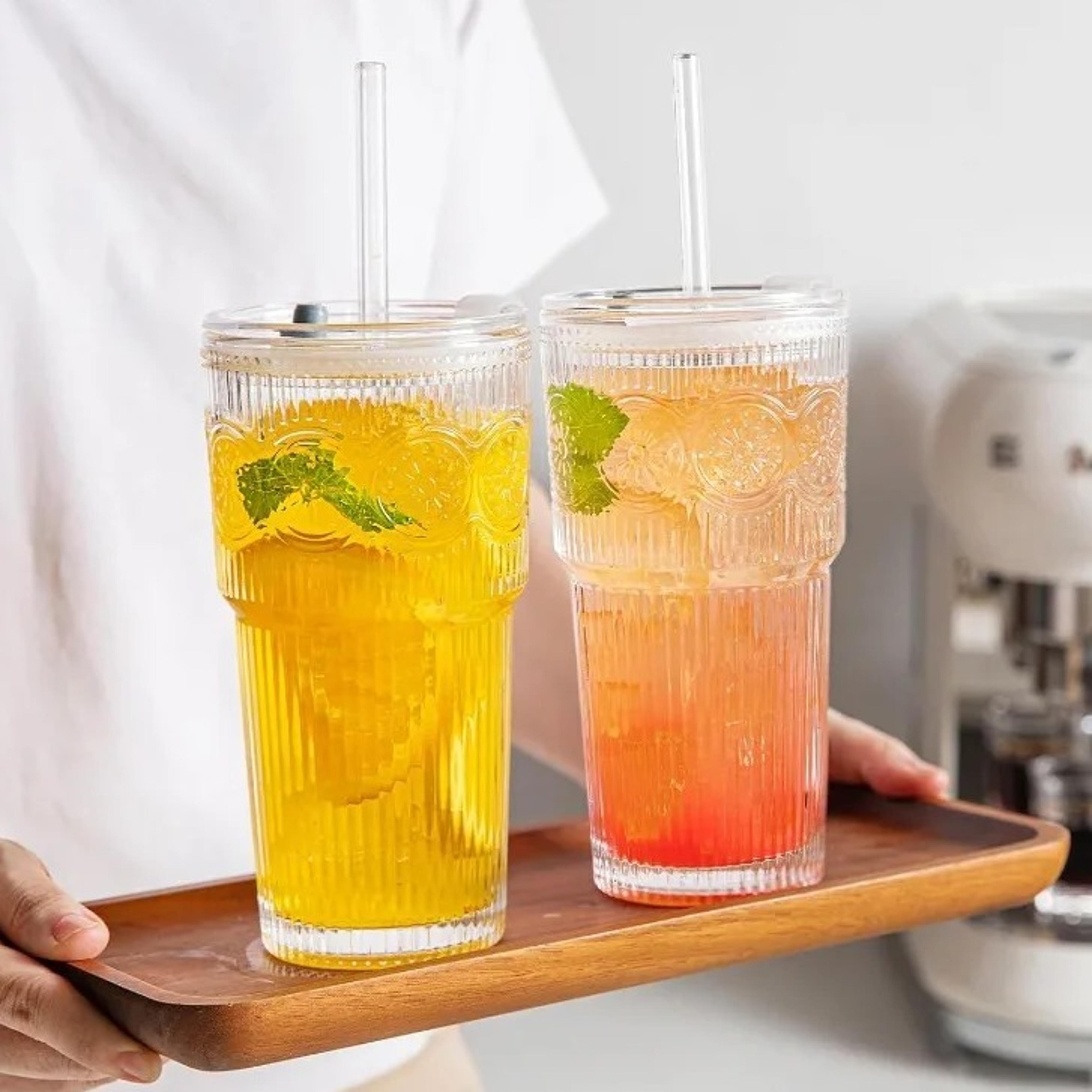 floral glass tumbler with lid and straw for iced coffee juice and daily drinks