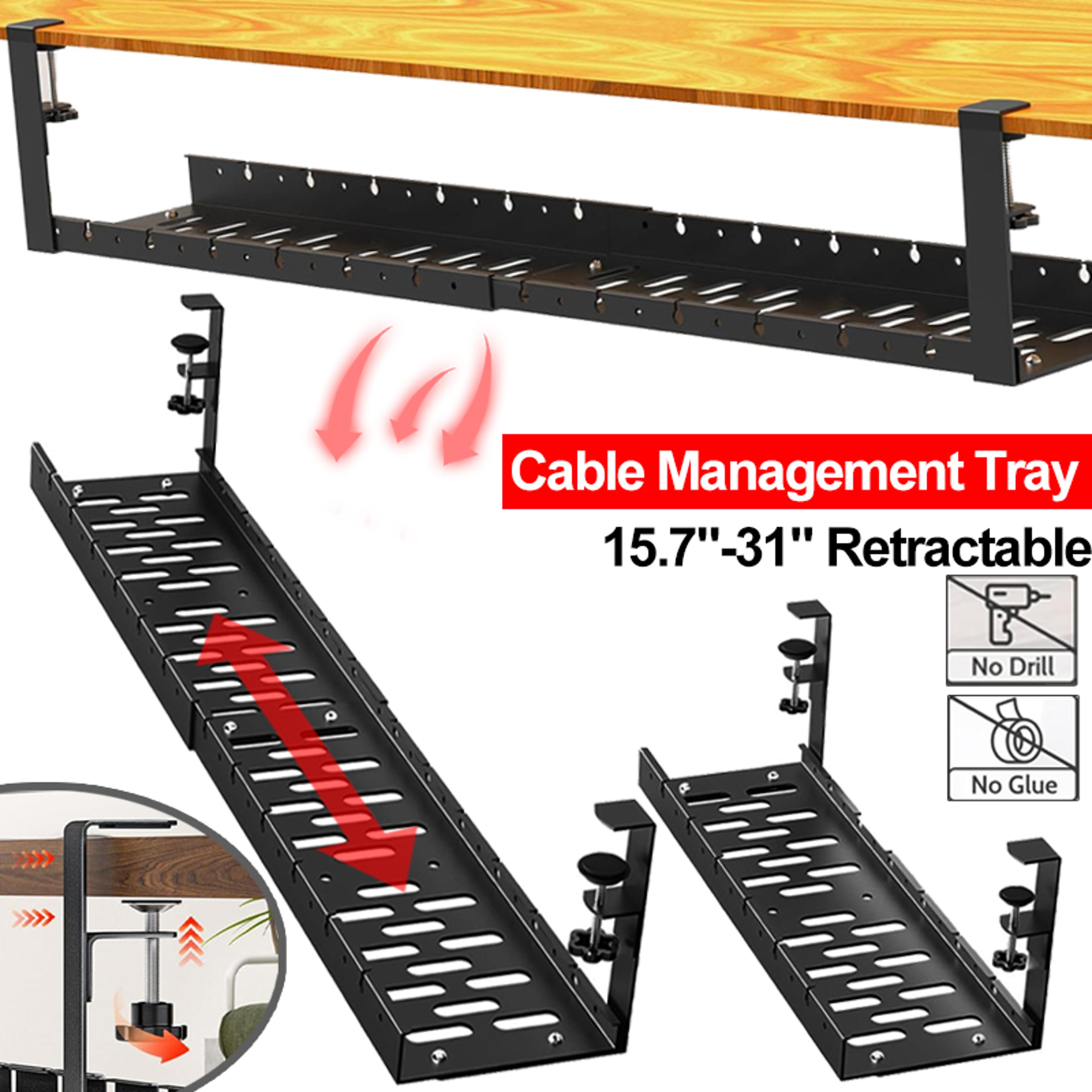 adjustable under desk cable management tray no drill metal cord organizer