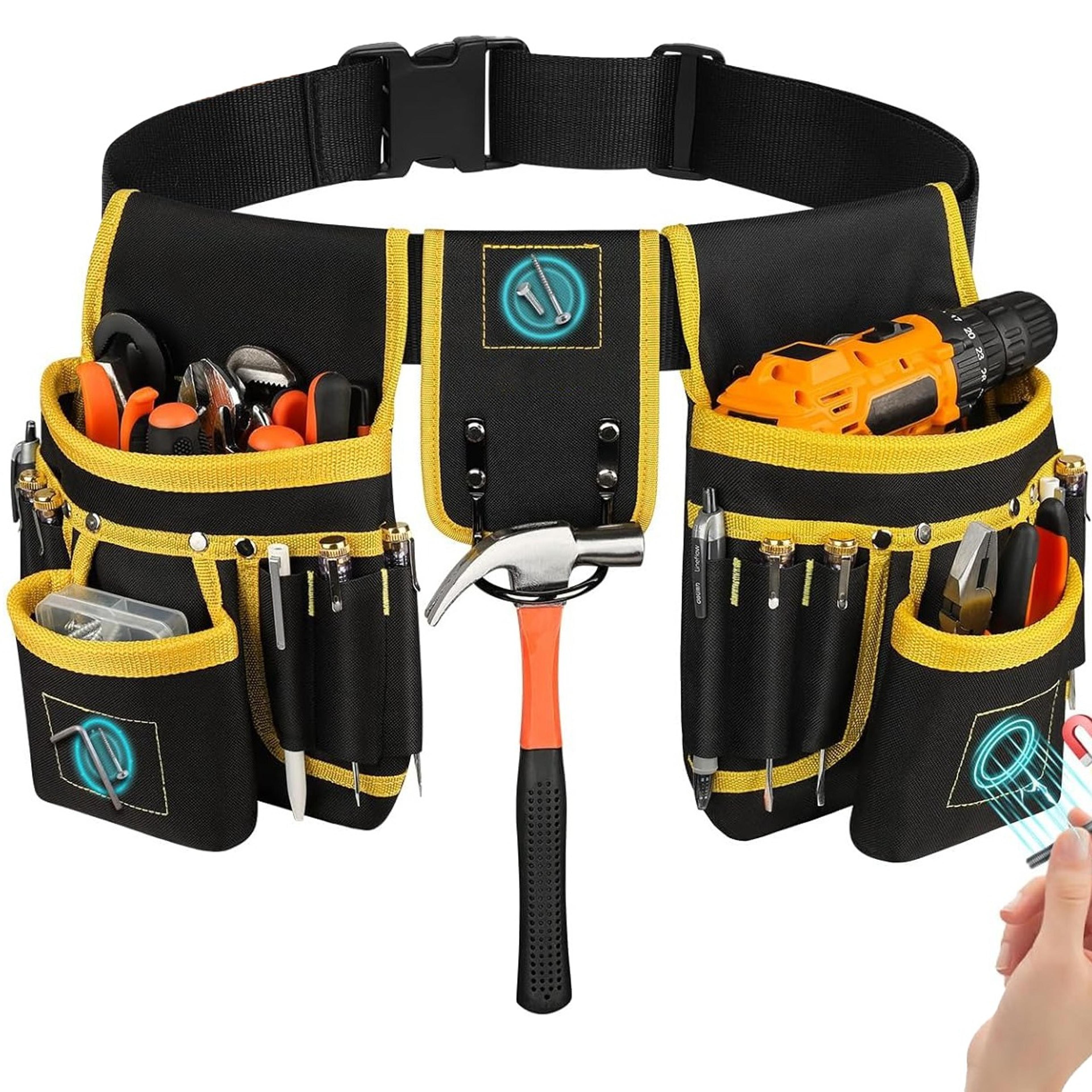 heavy duty adjustable tool belt bag with detachable work pouches and utility storage