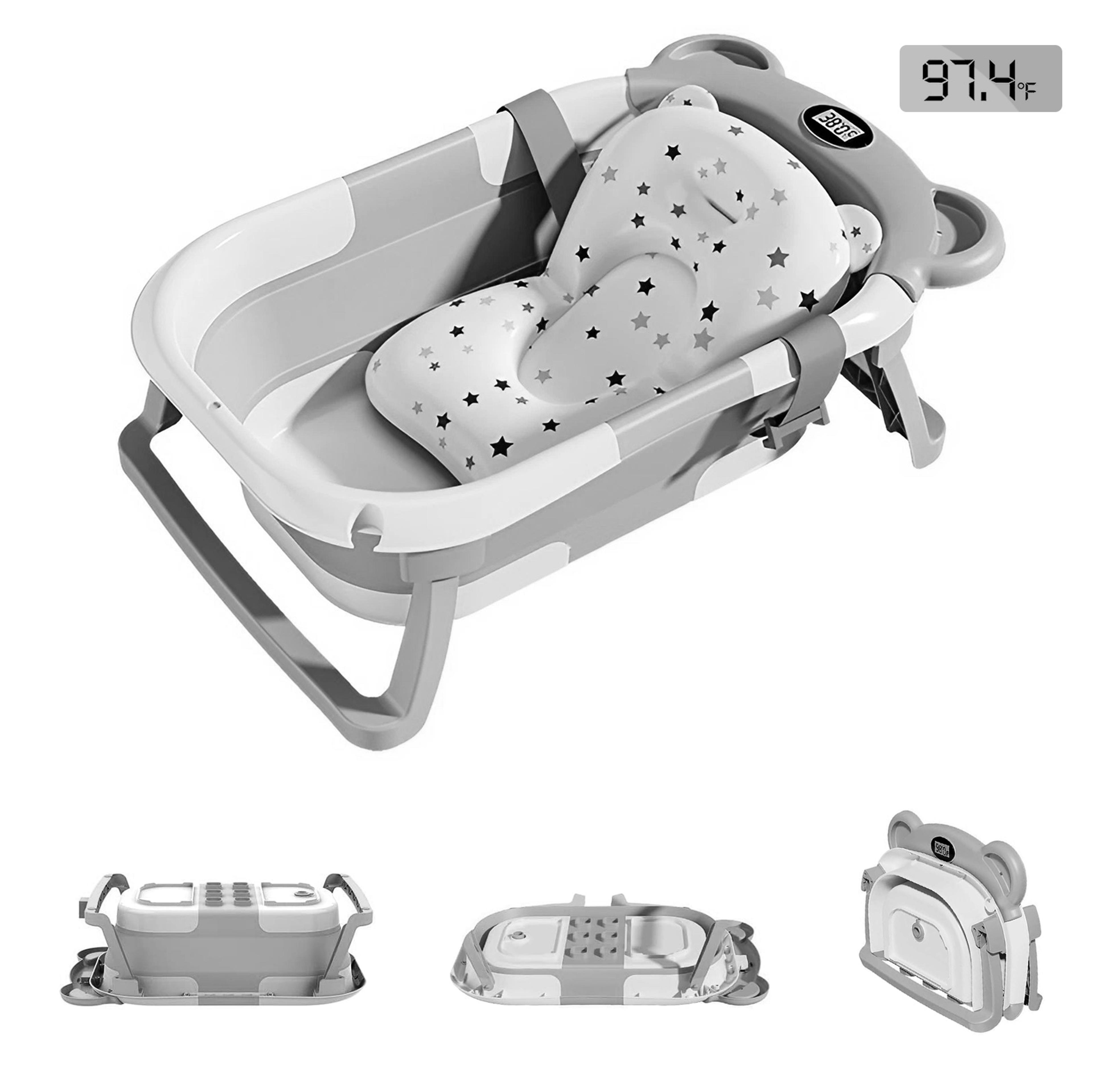 collapsible baby bathtub with thermometer and soft cushion for home and travel
