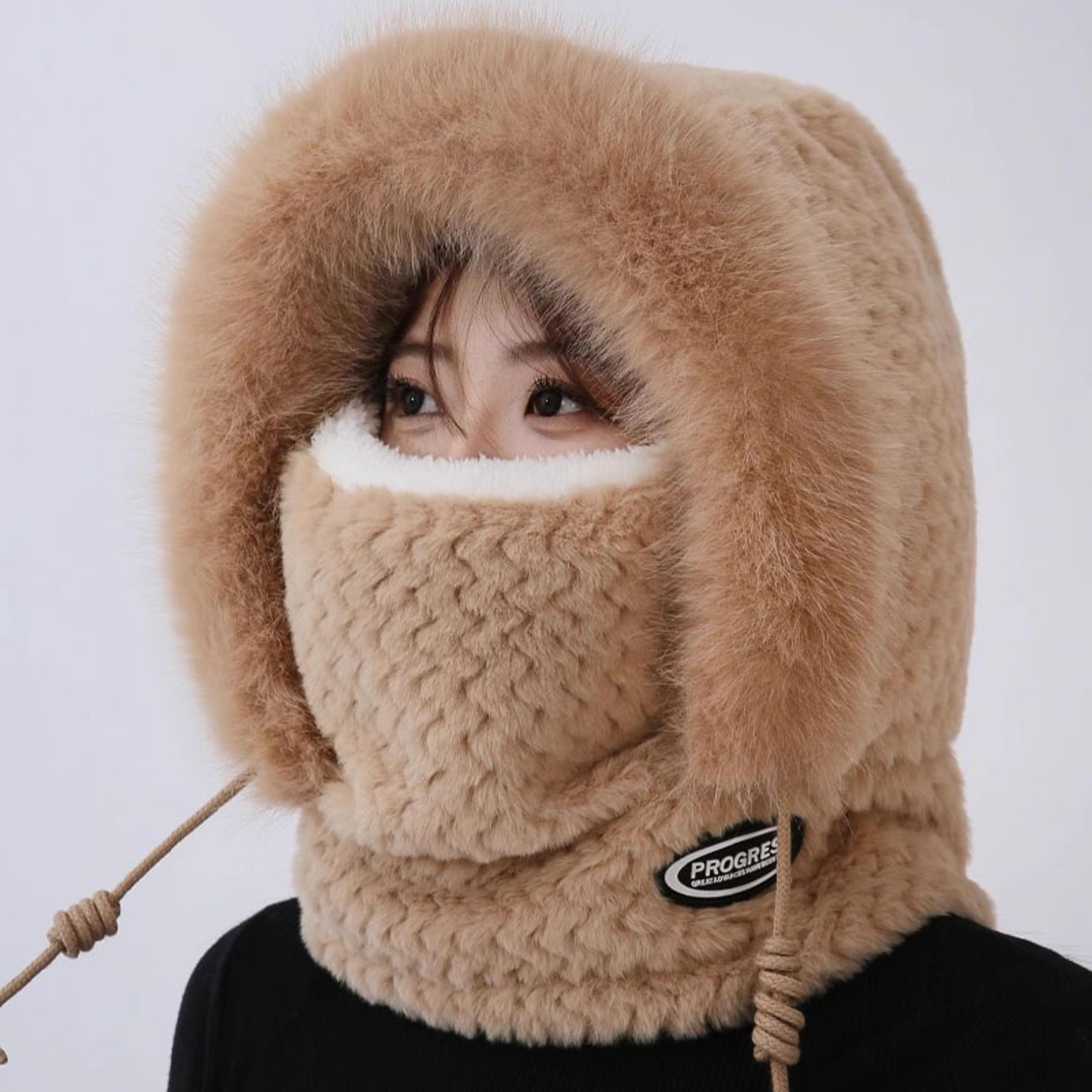 women thermal plush hood scarf windproof winter face cover with ear protection