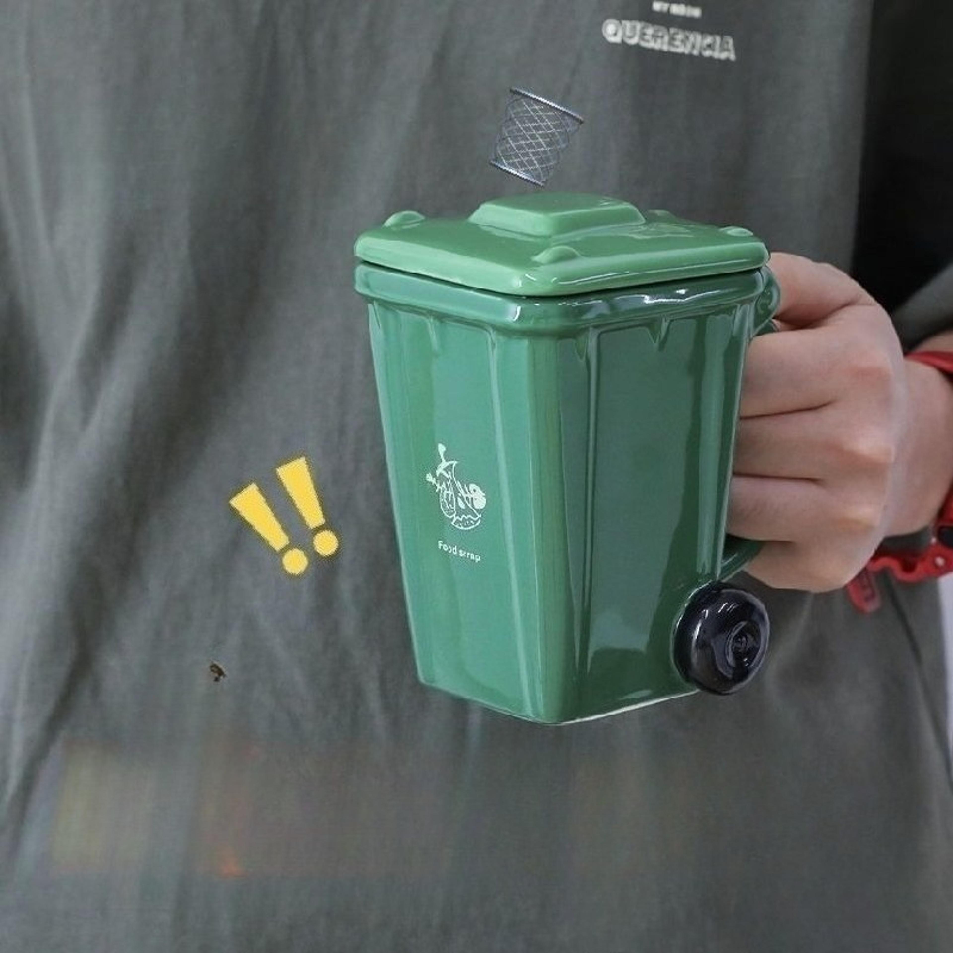 funny trash can ceramic mug novelty coffee cup with spoon