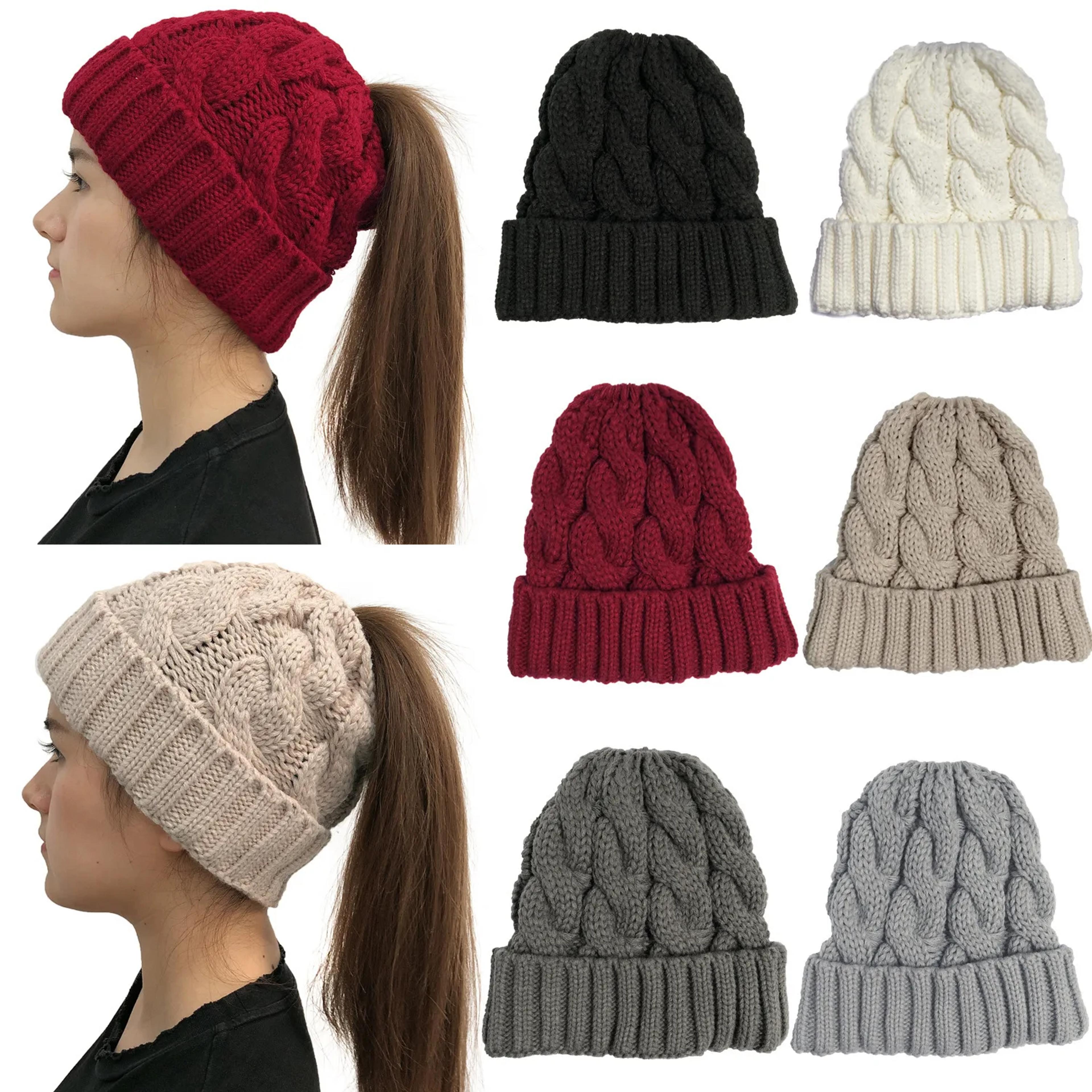 cozy womens ponytail beanie knit winter hat with pompom and twist detail