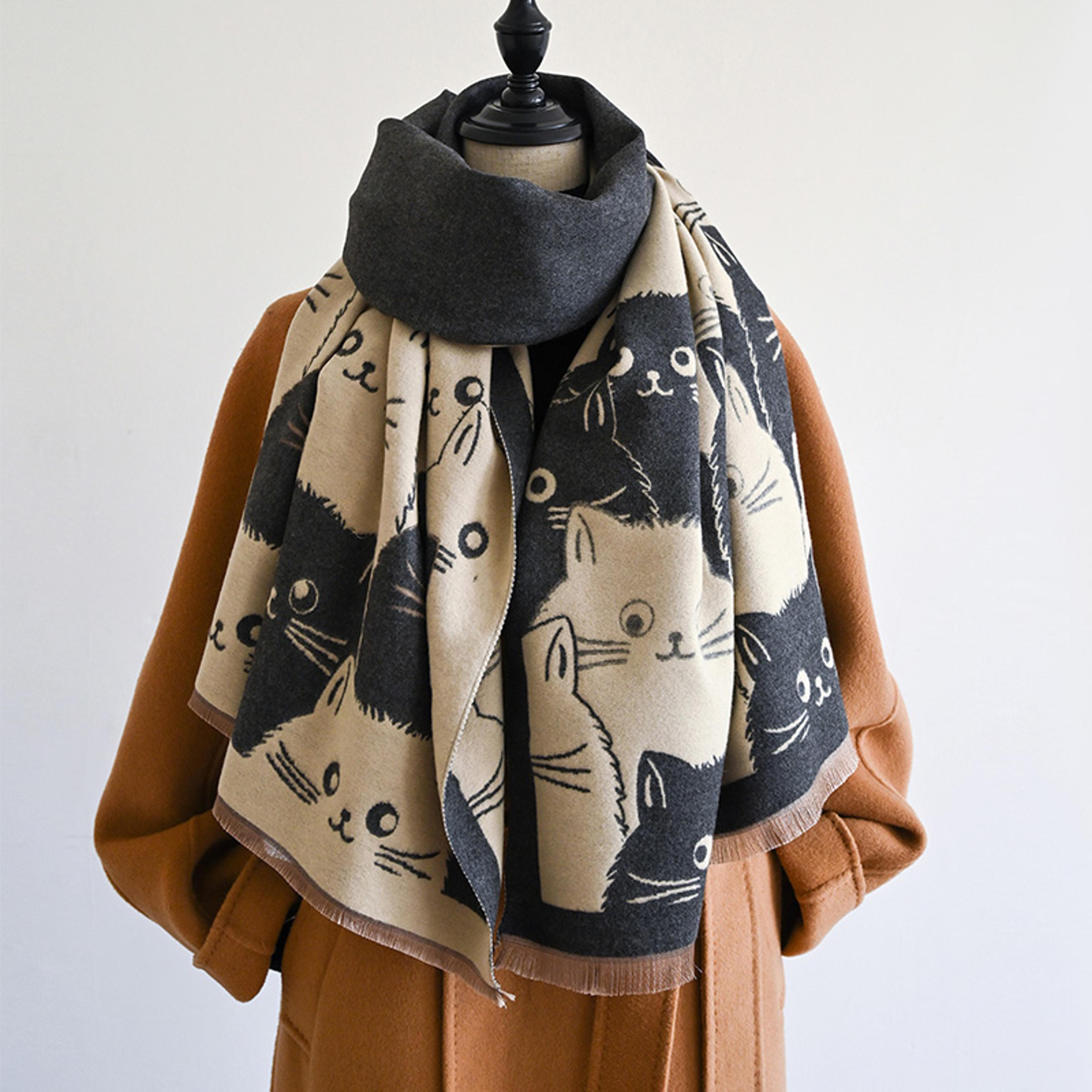 cute cat jacquard winter scarf soft warm shawl for women