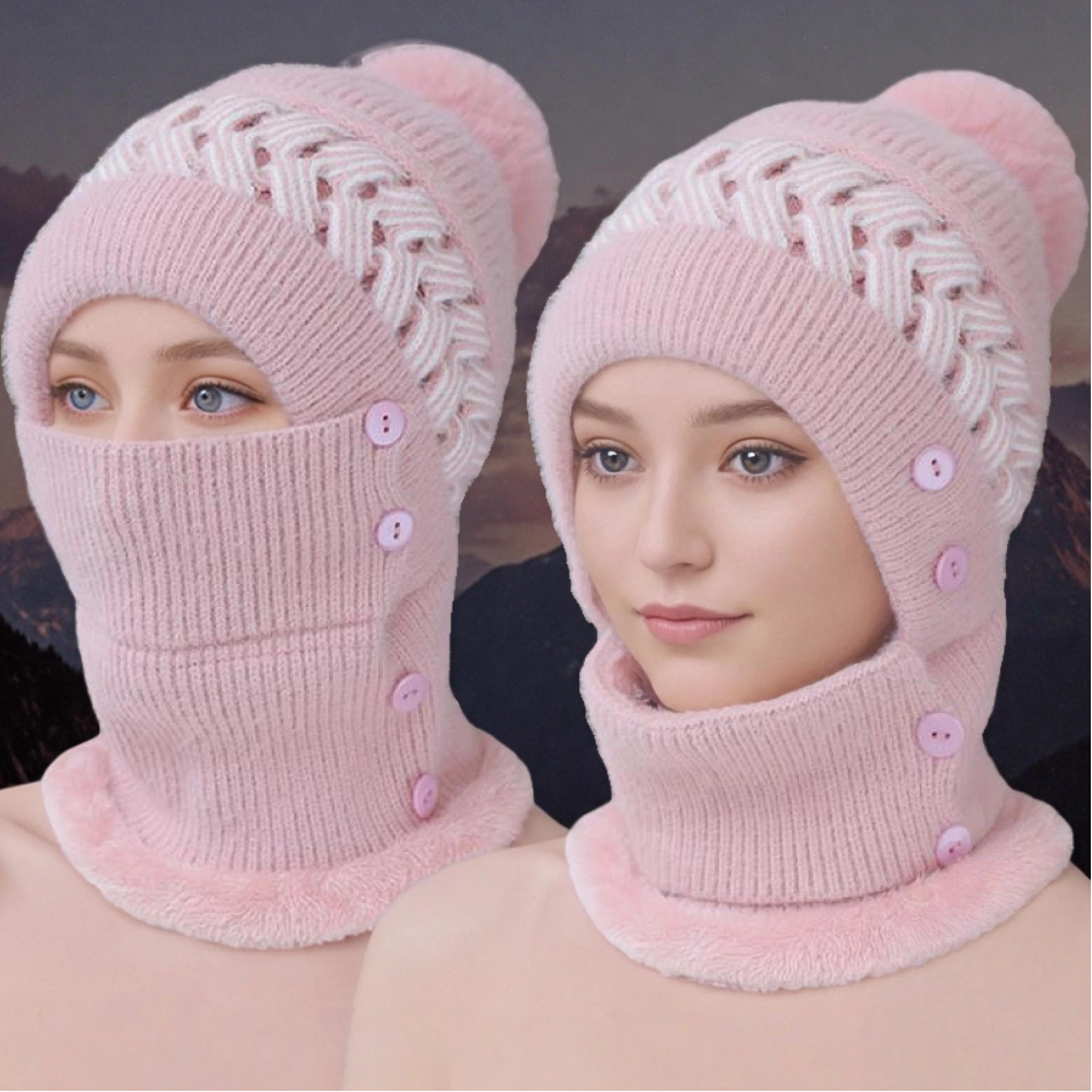 womens plush lined winter balaclava hat with pom pom face cover and neck warmer
