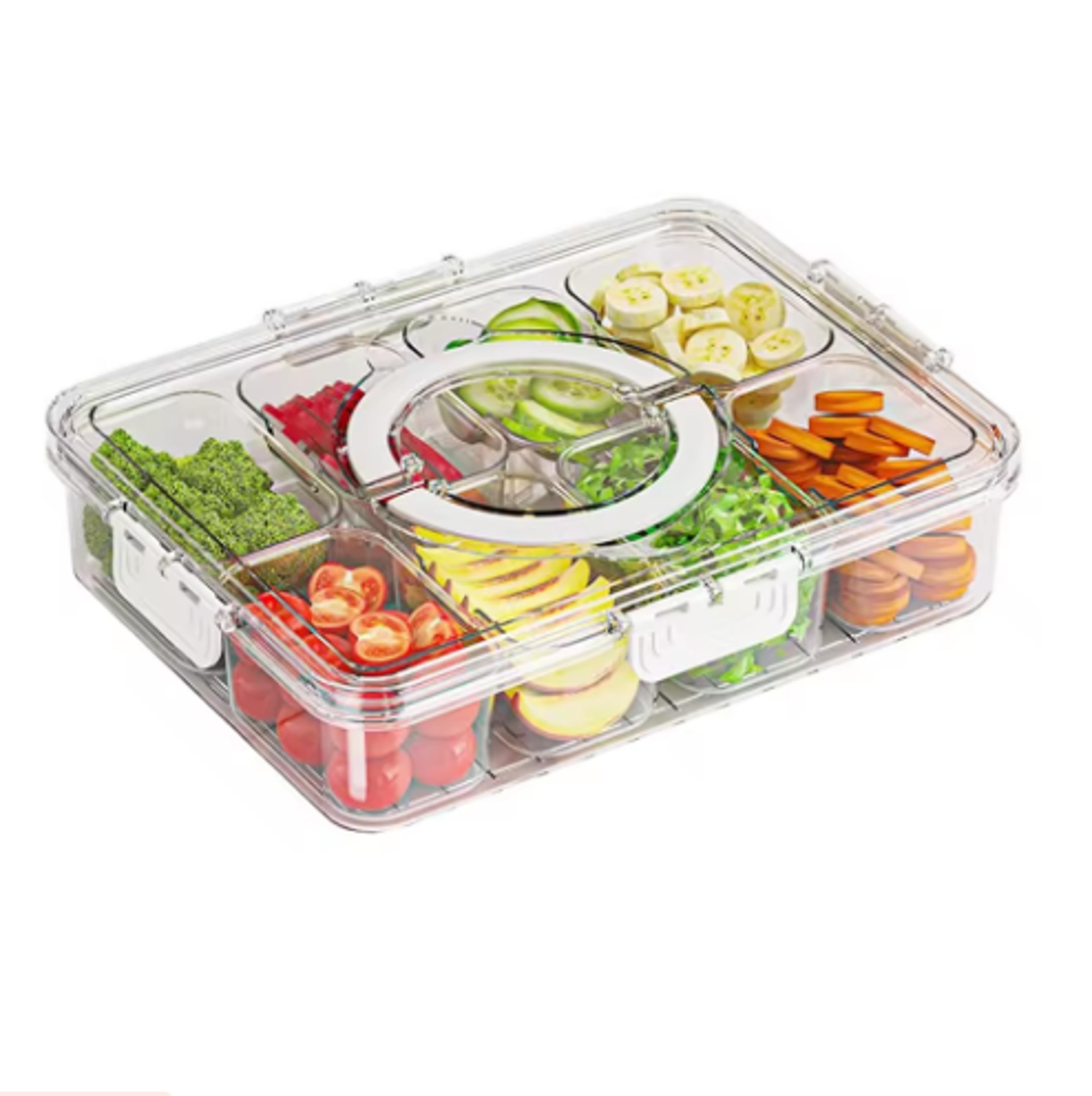 rotating snackle box divided serving tray with lid and handle