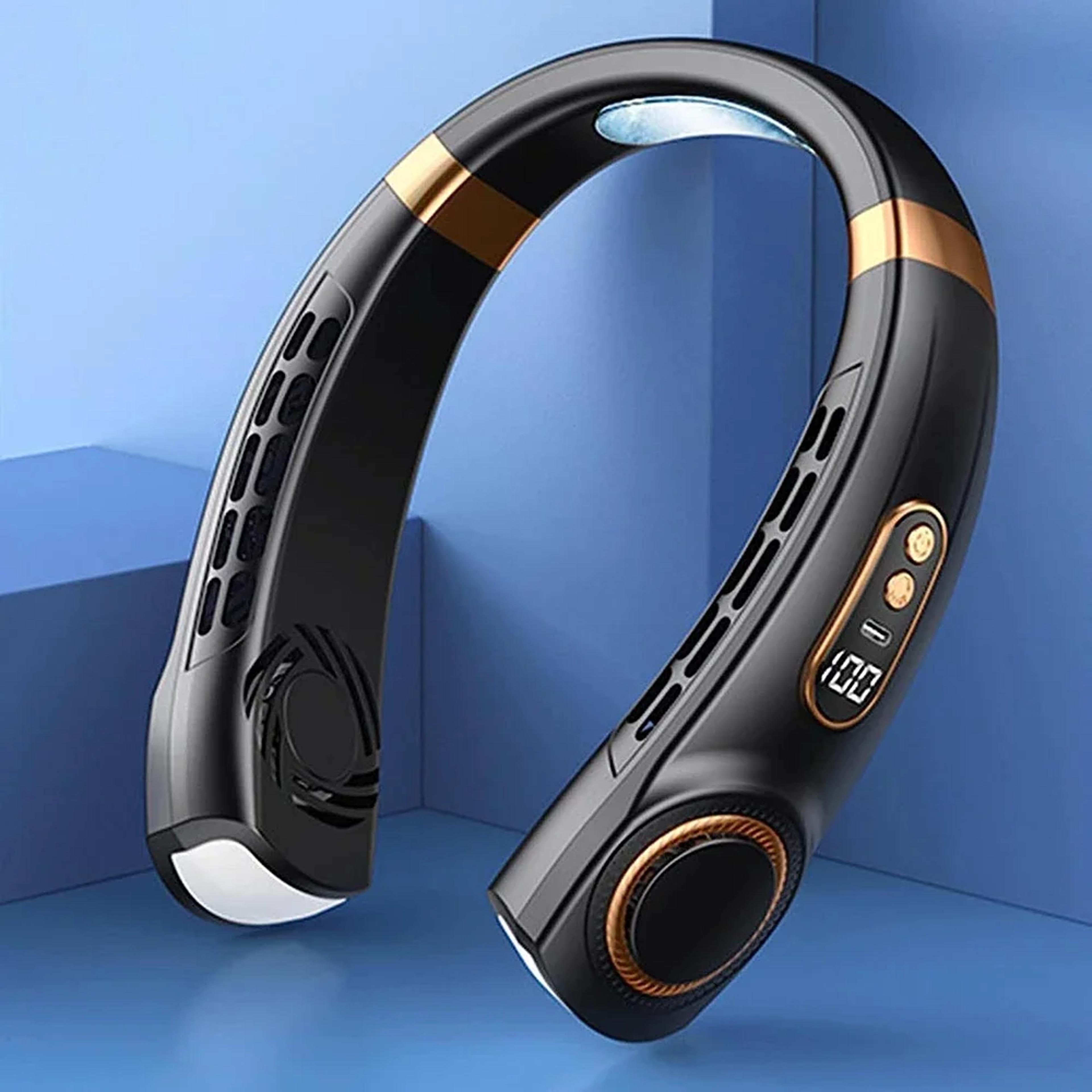 portable bladeless neck fan with five speed cooling led digital display and colorful lights