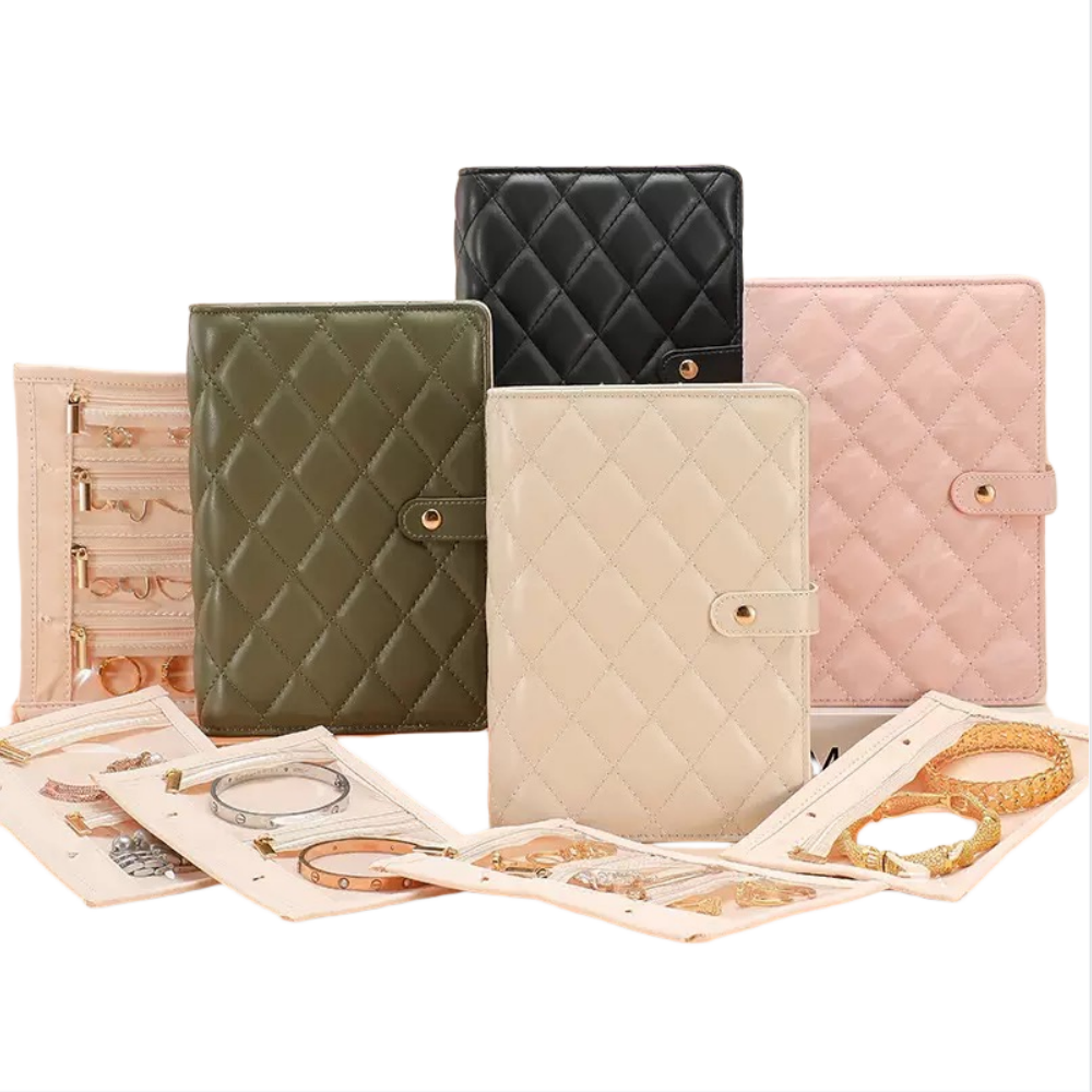 travel jewelry organizer book with clear zipper pouches and adjustable ring binder