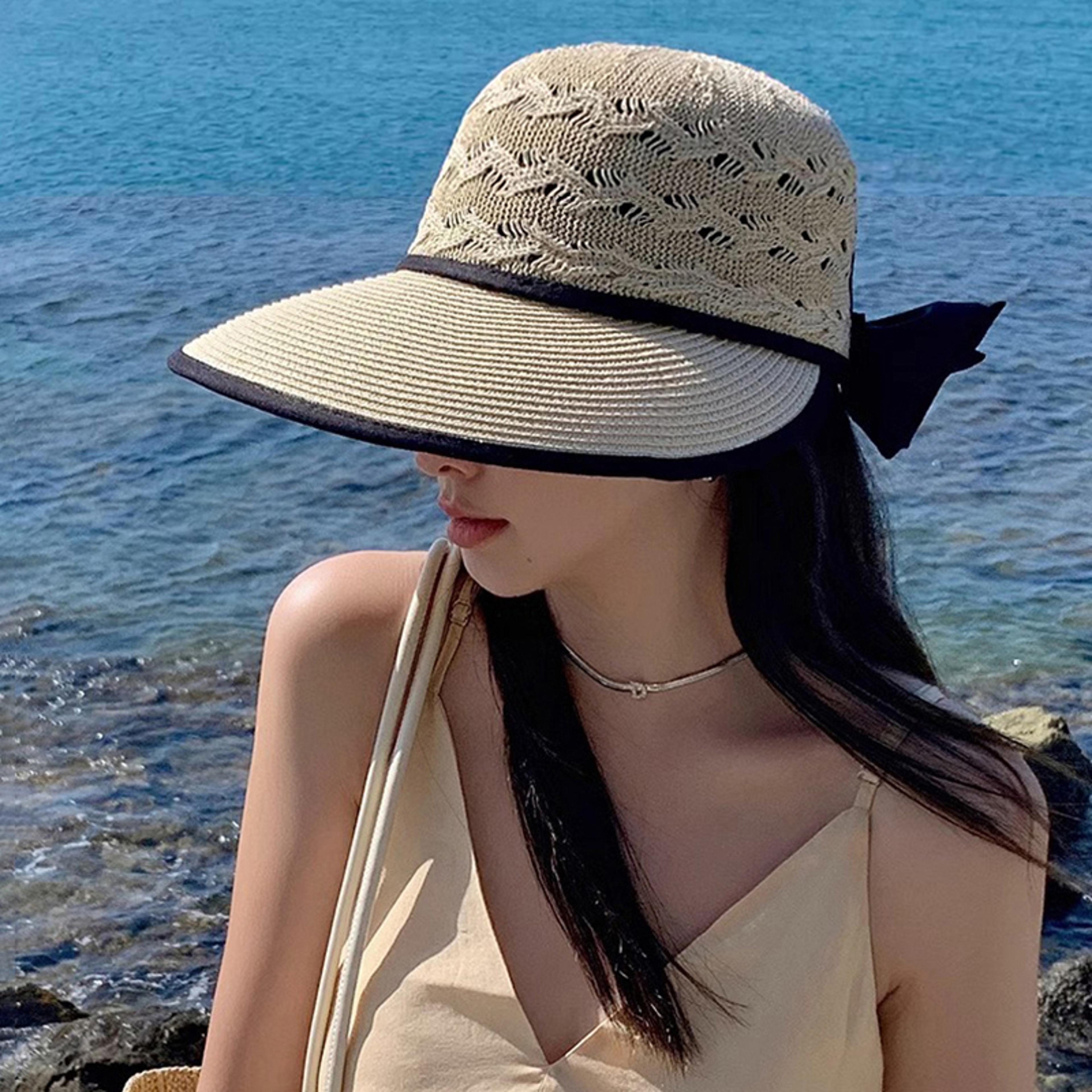 wide brim straw sun hat with bow ribbon for women