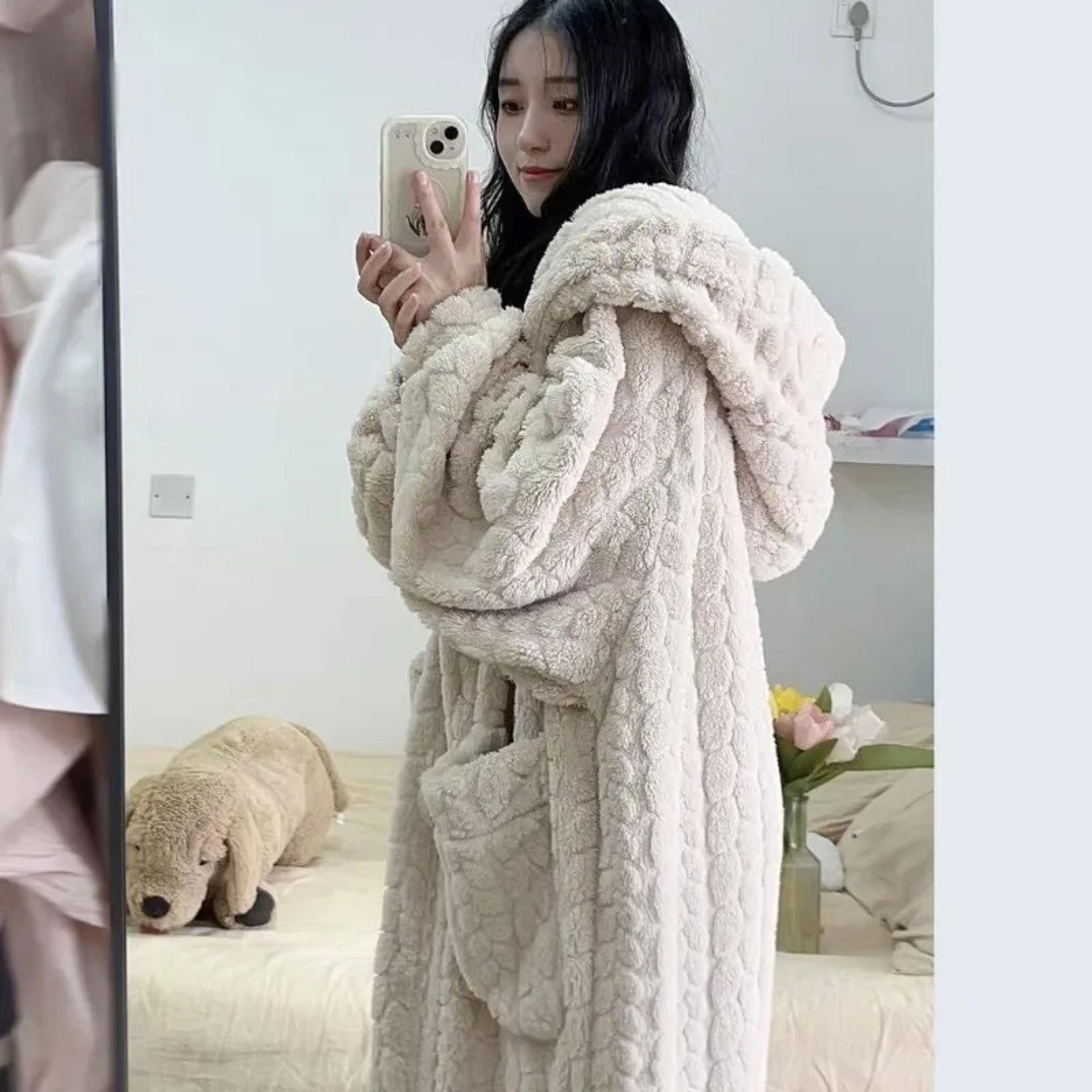 womens fleece hooded nightgown warm winter sleepwear with pockets