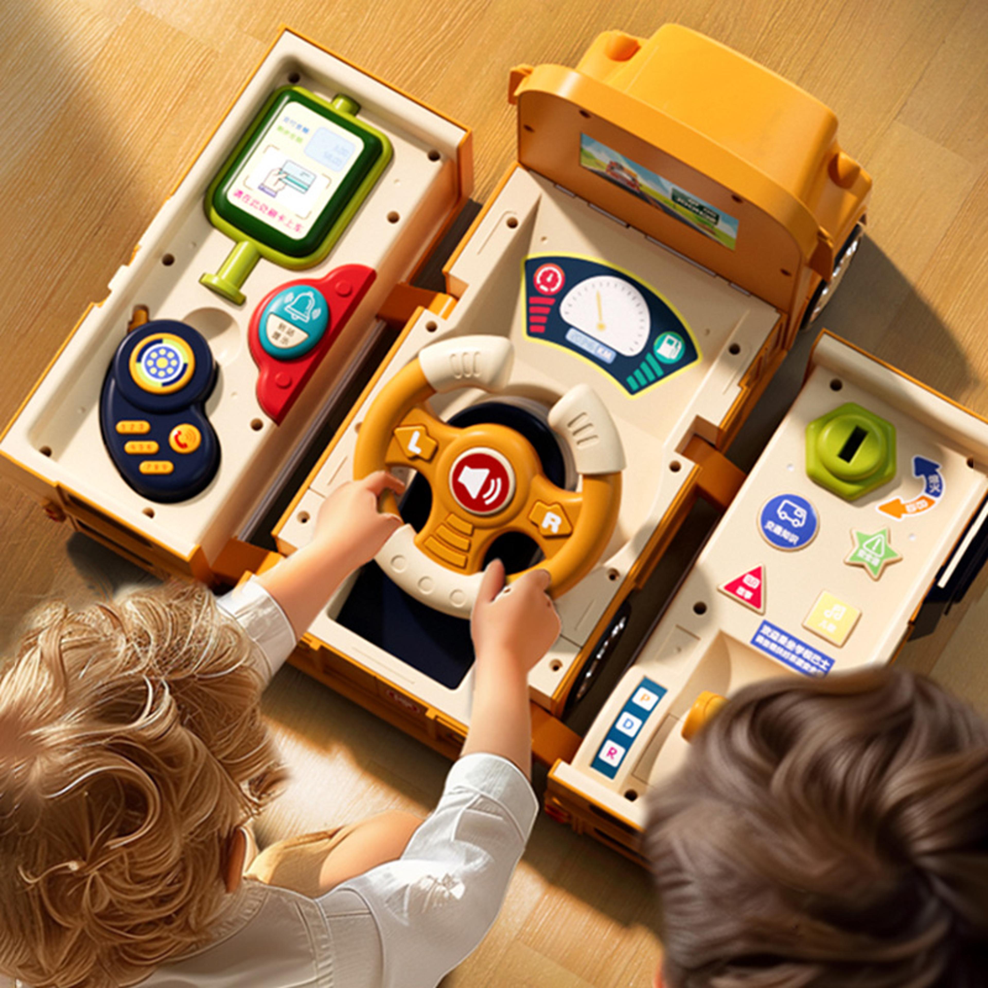 interactive toddler school bus toy with steering wheel lights sounds and educational music
