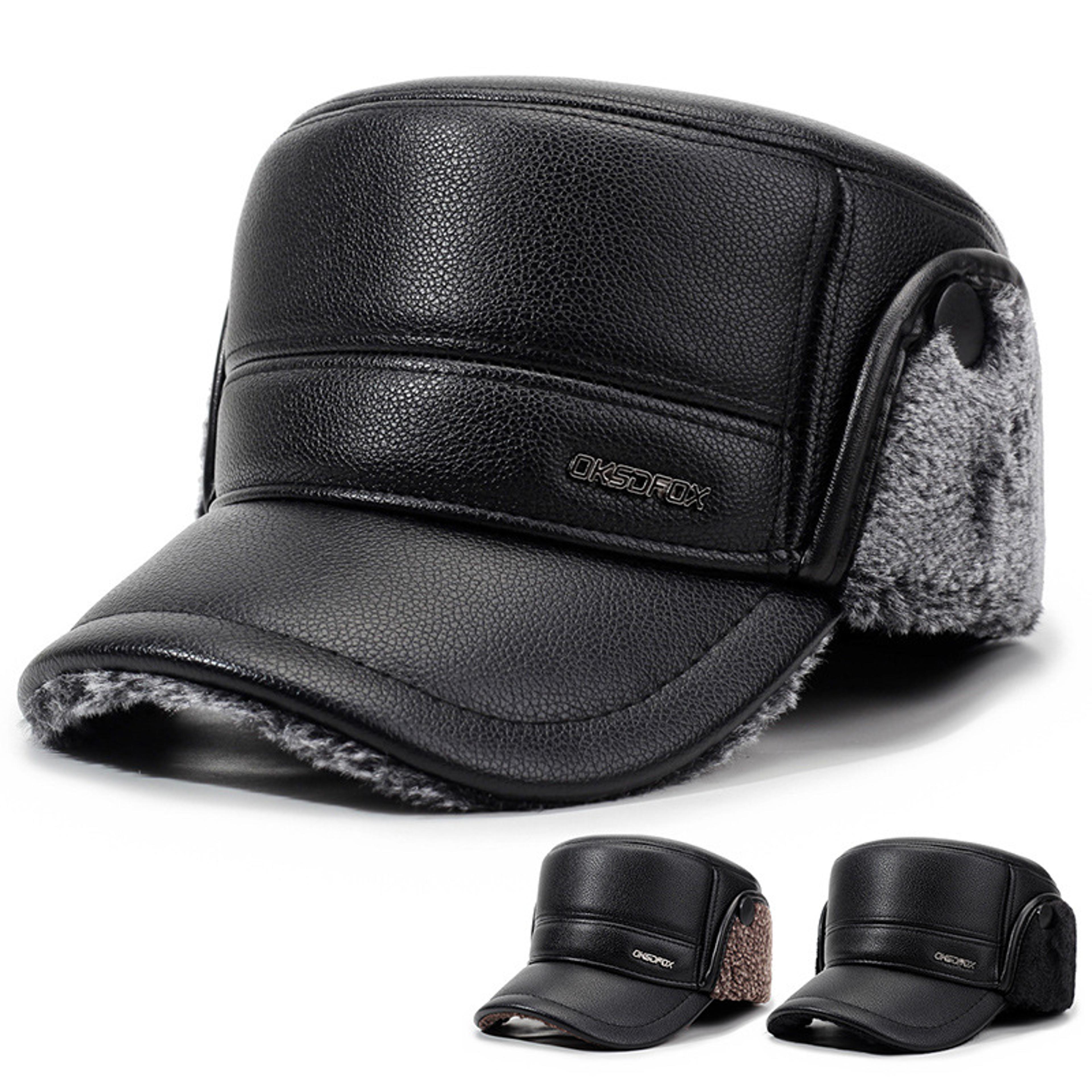 mens winter leather cap fleece lined flat top hat with ear protection