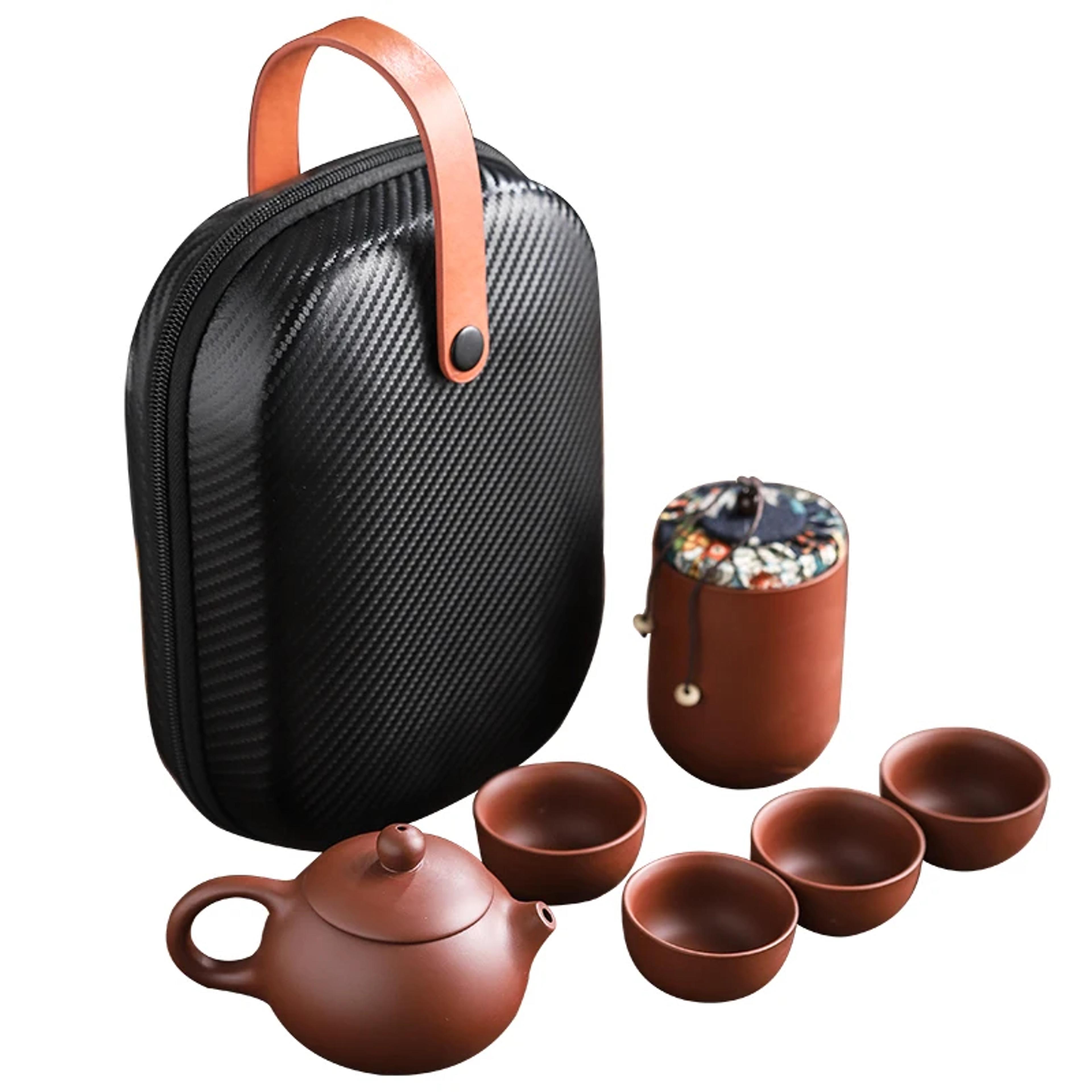 portable purple sand kung fu tea set with ceramic teapot cups and travel case
