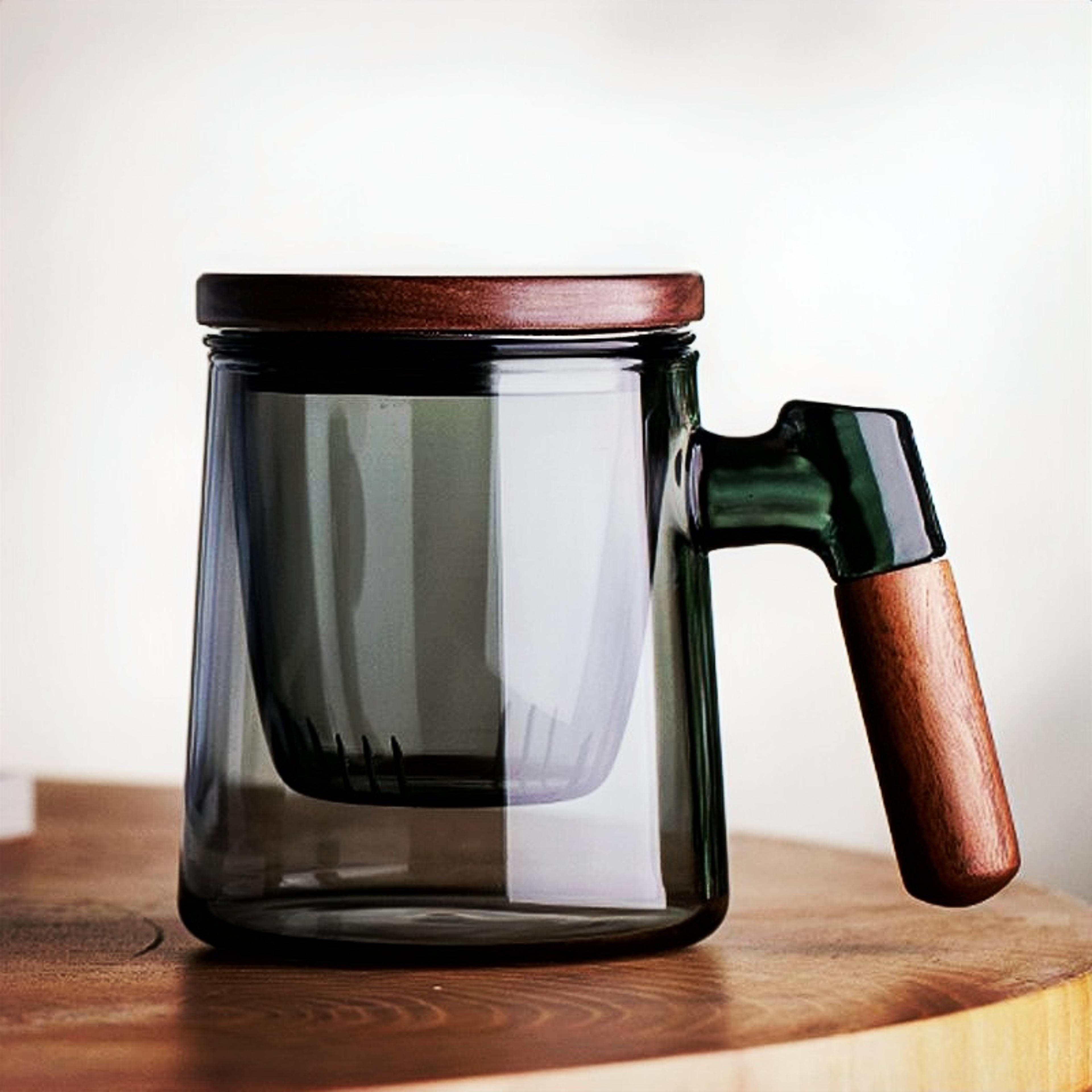 borosilicate glass tea cup with infuser walnut wood handle and lid