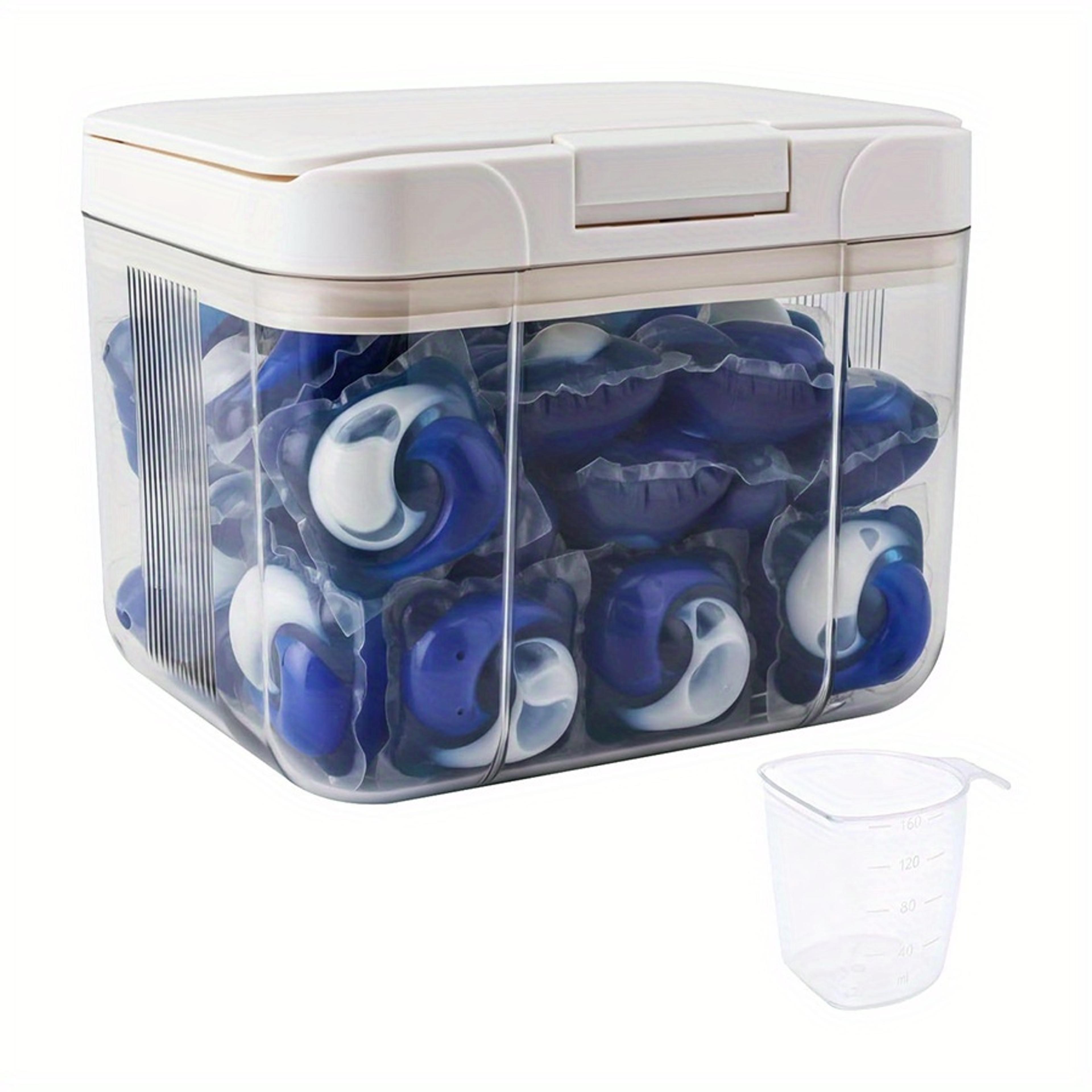 laundry pod holder with pop up lid and scoop detergent storage container
