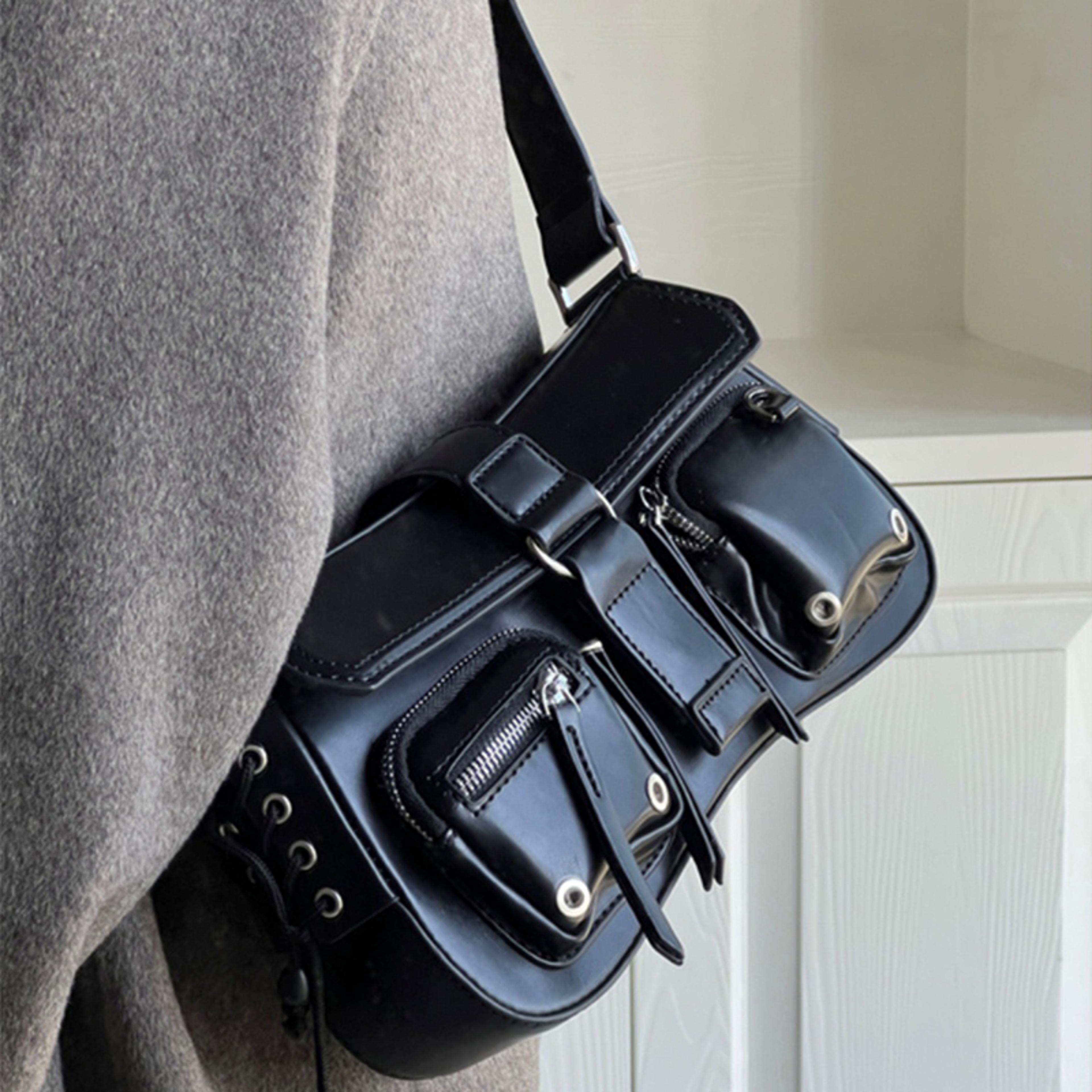 goth punk womens shoulder bag pu leather underarm handbag with zipper and chain detail