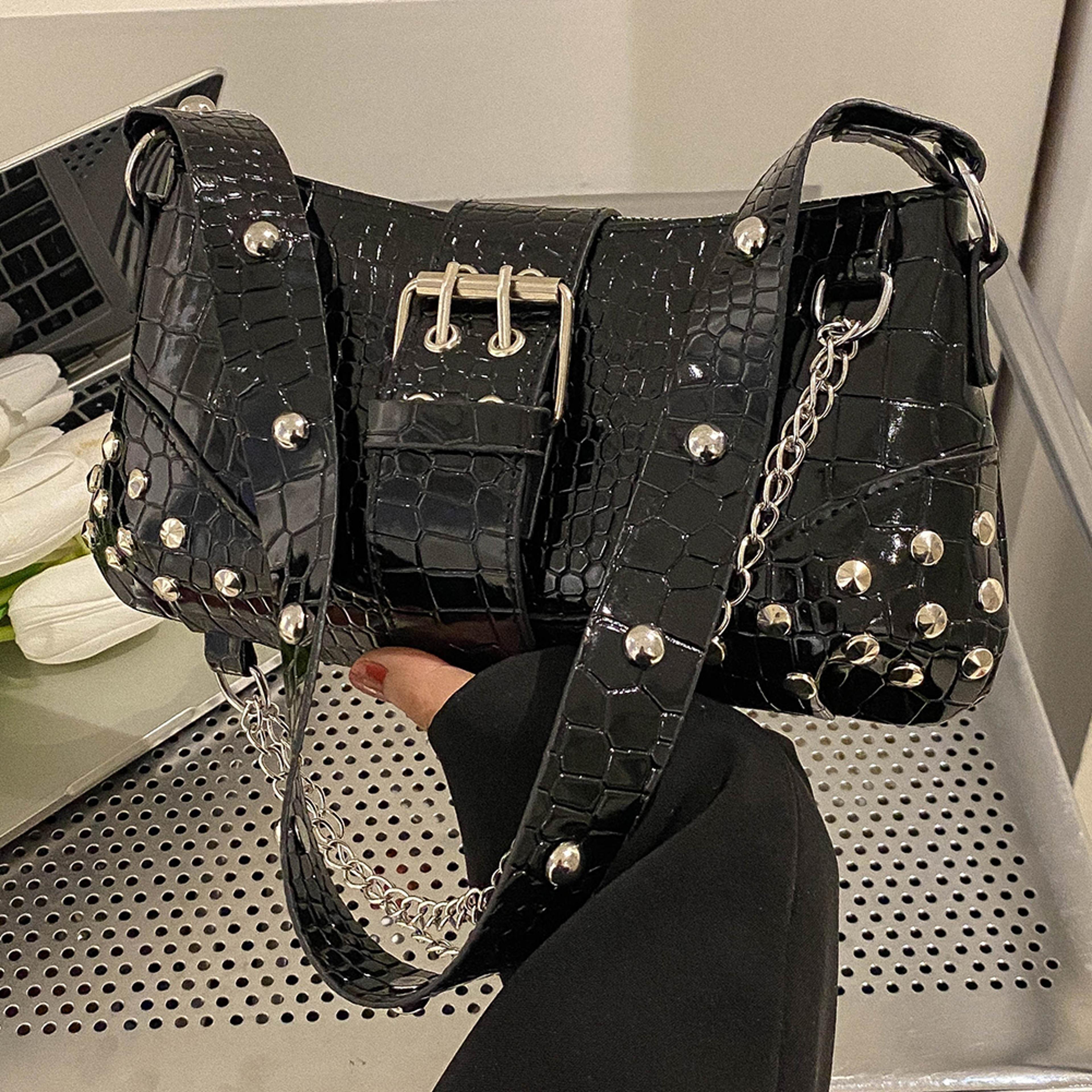 gothic shoulder bag pu leather baguette purse with chain rivet detail