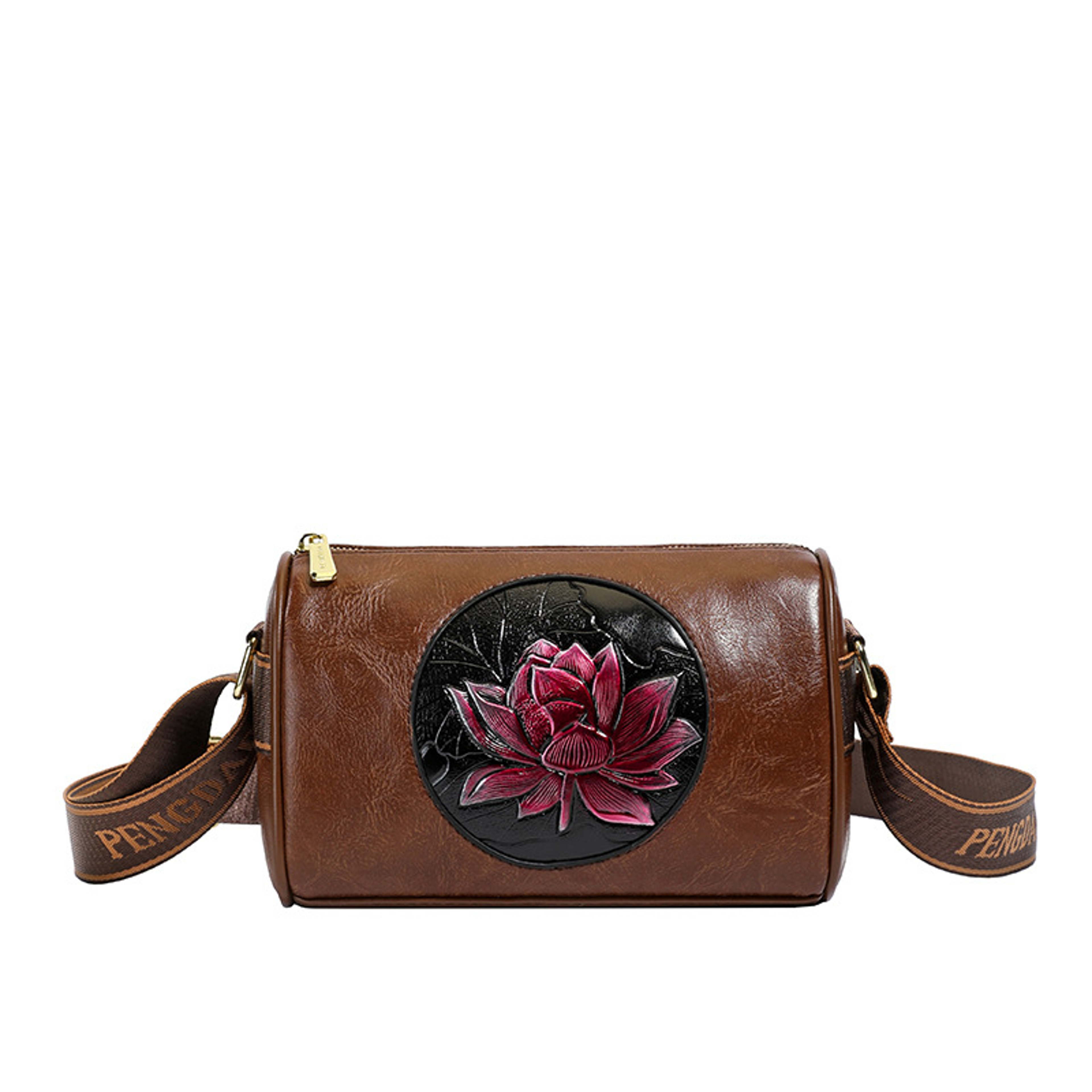 soft leather crossbody handbag for women with printed barrel shape