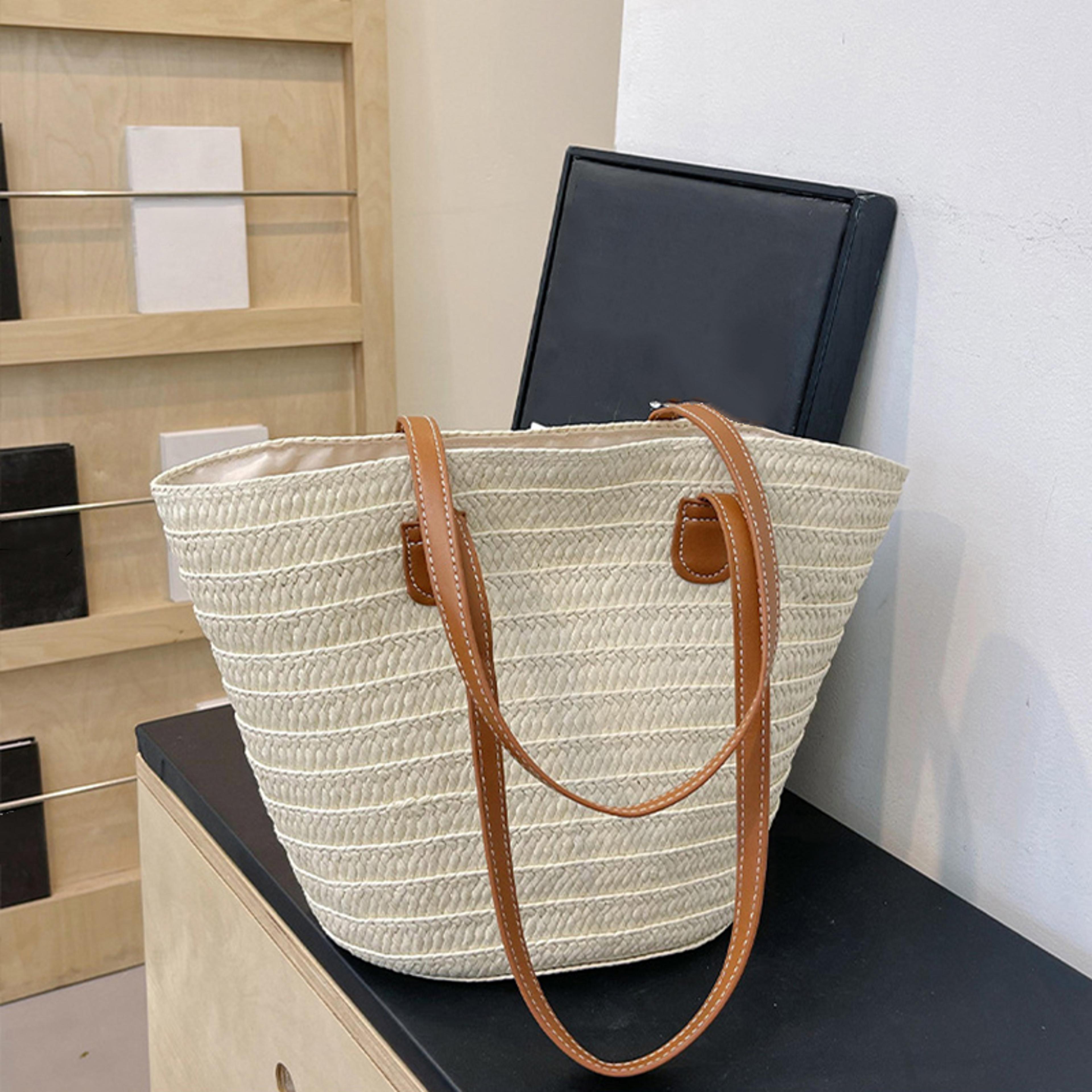 straw tote bag for women soft bohemian braided shoulder bag with string closure