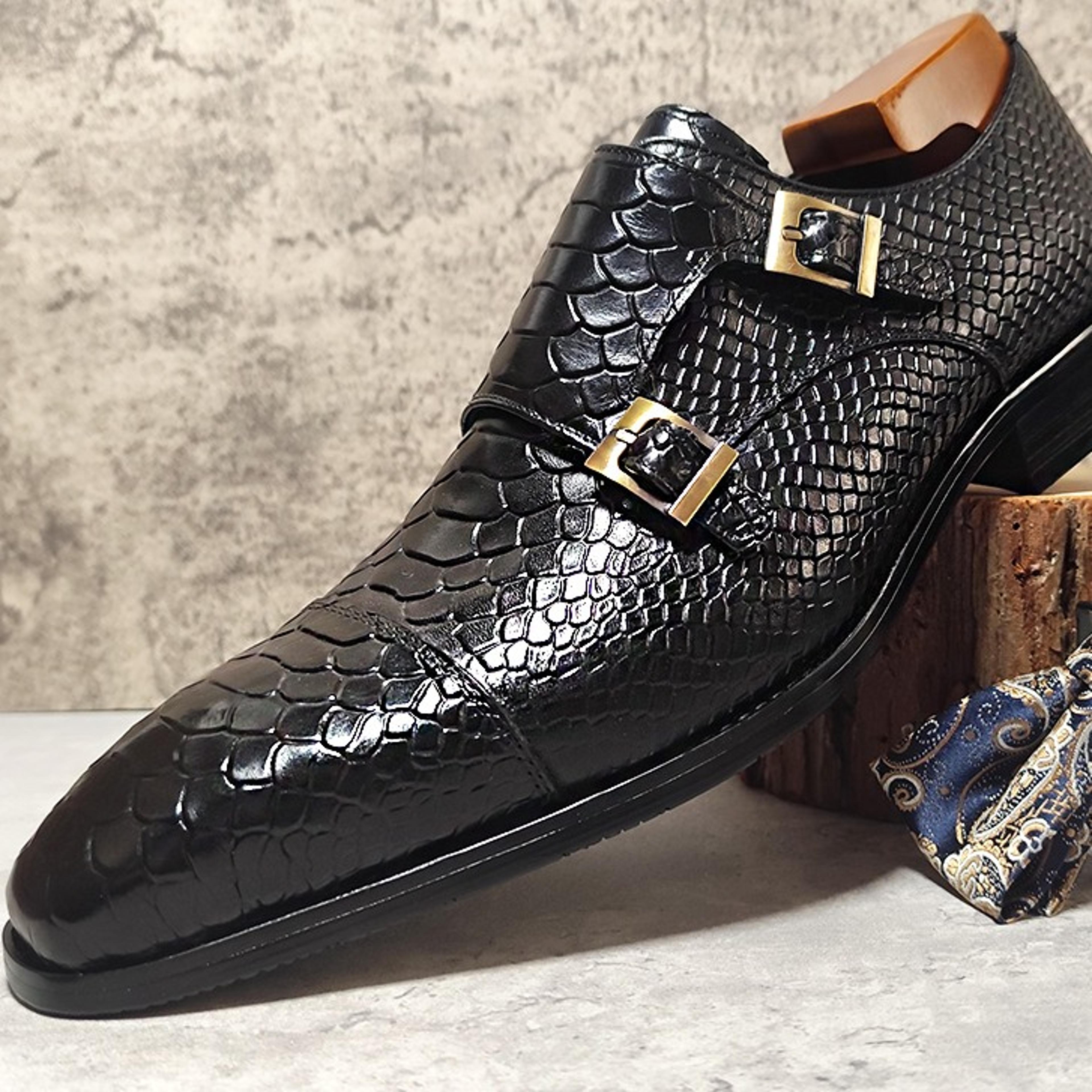 mens genuine leather double monk loafers with snake print