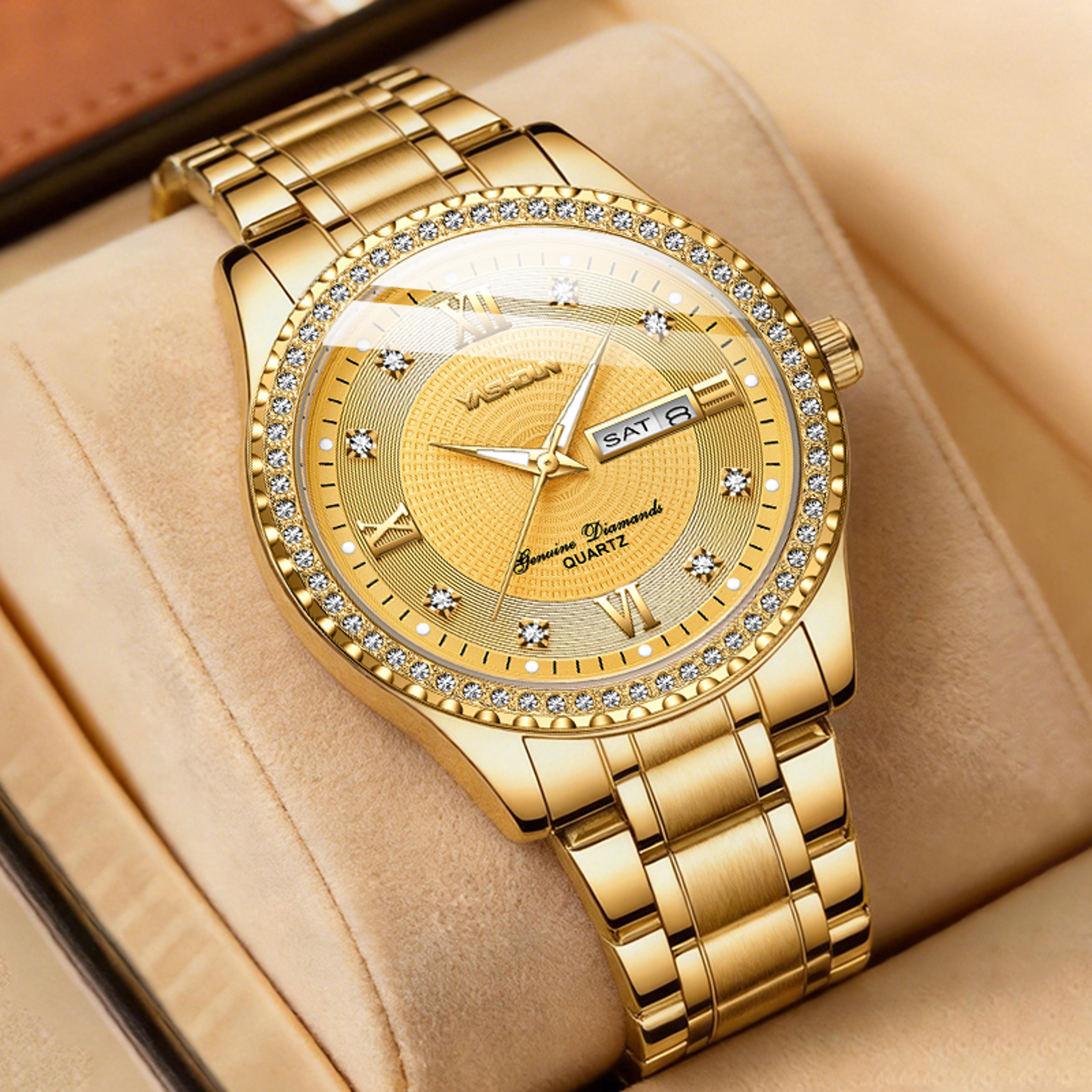 business mens quartz watch with stainless steel band luminous date display and water resistance