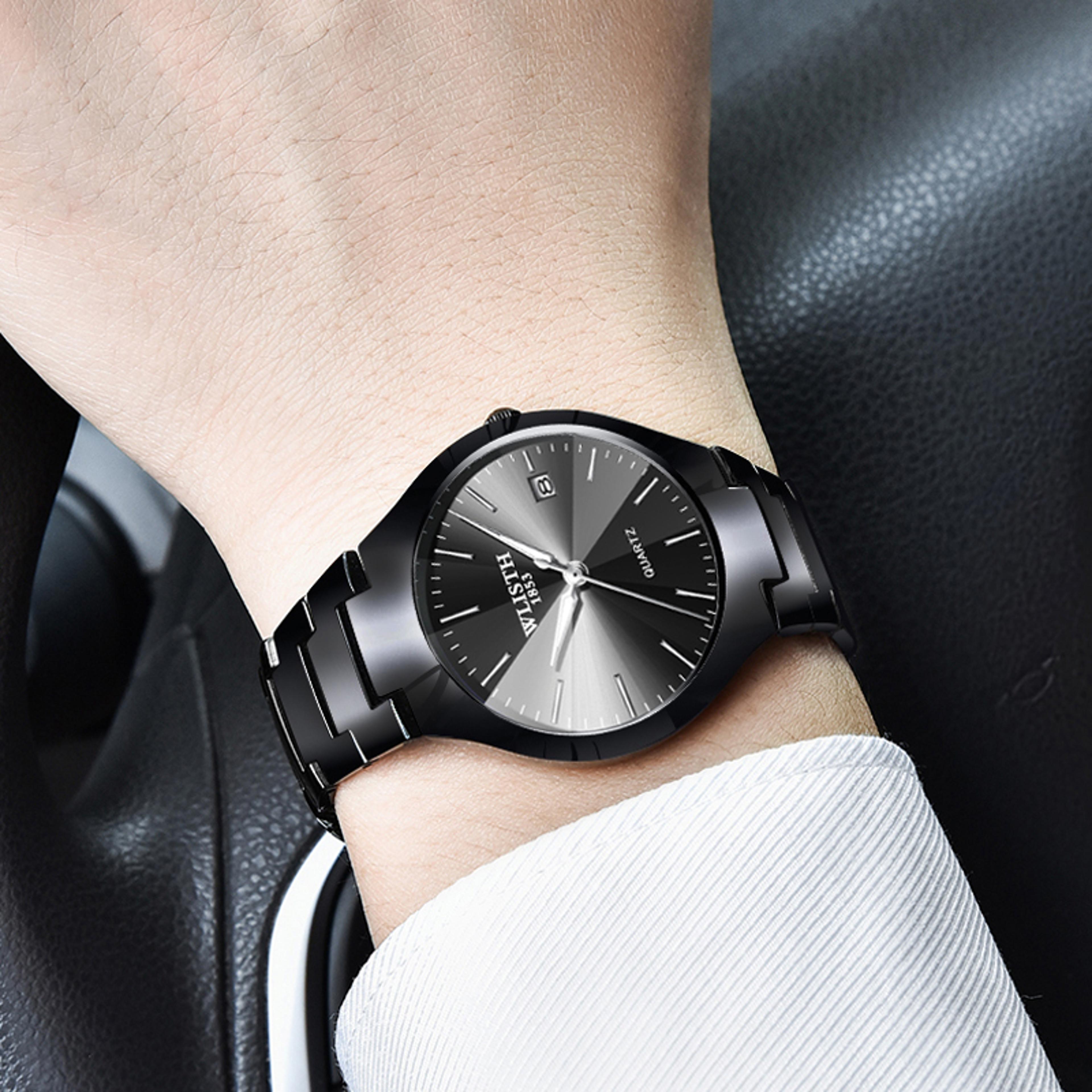mens quartz wristwatch with calendar display waterproof stainless steel band